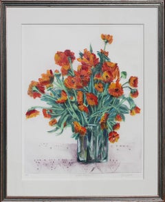 Abstract Contemporary Interior Still Life Print of Marigolds in a Teal Vase 
