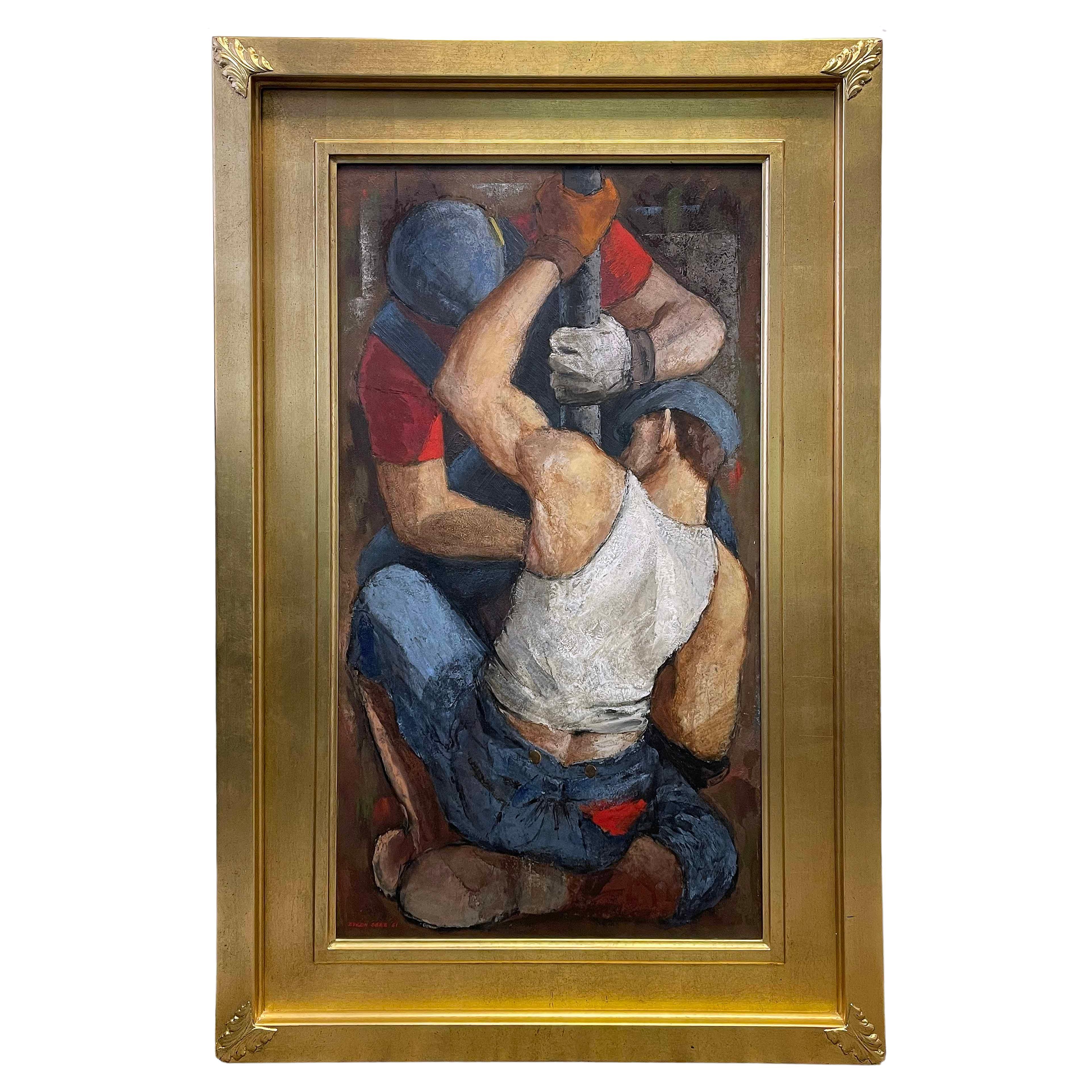 Sebbene questo dipinto risalga al 1951, pochi anni dopo la fine del periodo della Works Progress Administration (WPA) negli anni '40, questa composizione serrata di due installatori di tubi che svolgono il loro lavoro in uno spazio angusto è molto