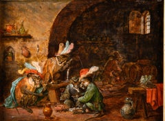 Pipe smoking Monkeys in the tavern, oil on panel, attr. to Zacharie Noterman