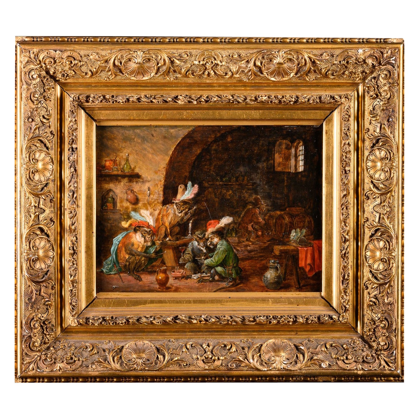 Pipe smoking Monkeys in the tavern, oil on panel, attr. to Zacharie Noterman en vente