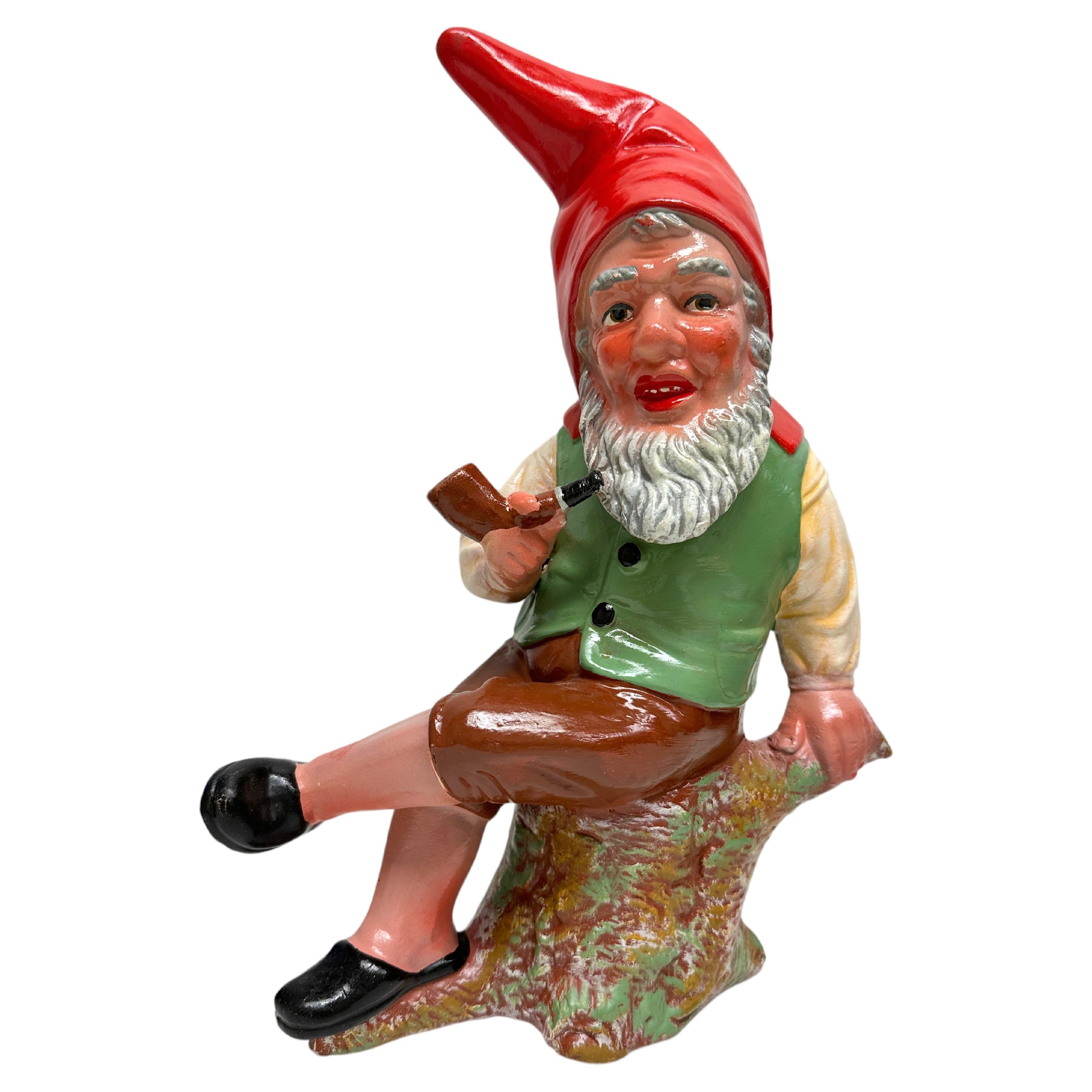 Pipe Smoking Resting Vintage German Yard or Garden Gnome Statue, 1920s For Sale