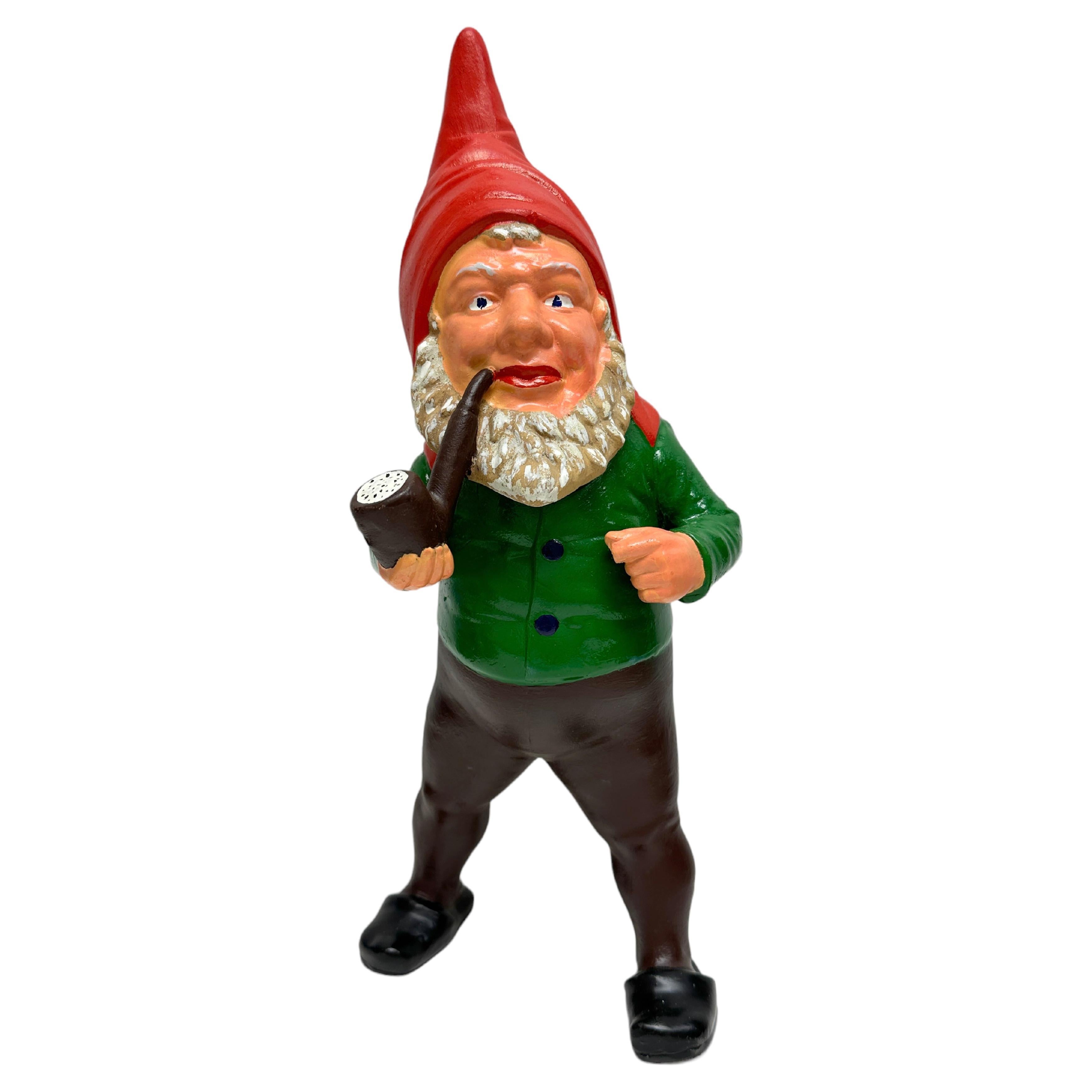 Pipe Smoking Standing Vintage German Yard or Garden Gnome Statue, 1920s For Sale