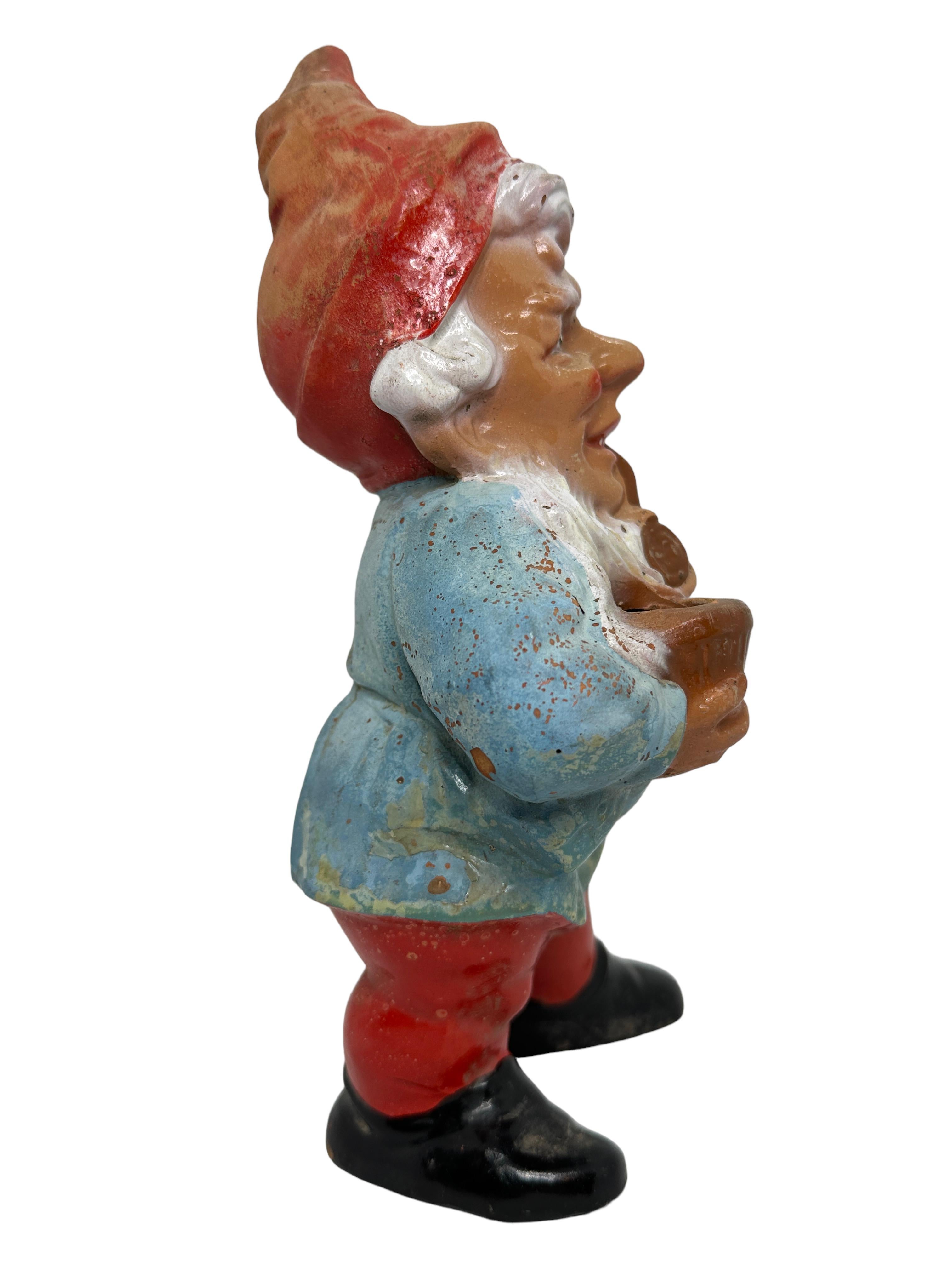 Hand-Painted Pipe Smoking Vintage German Yard or Garden Gnome Statue, 1930s