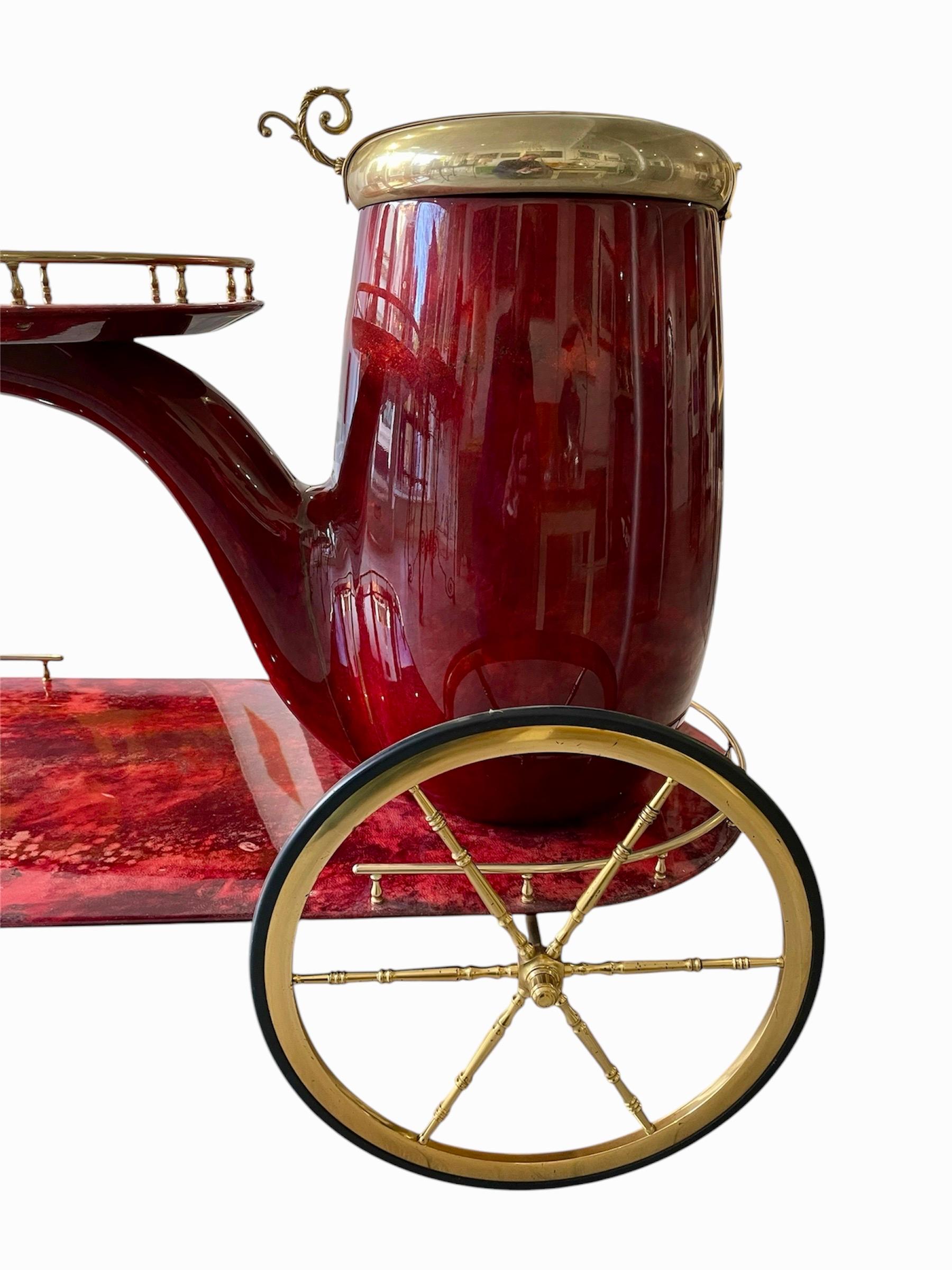 Italian Pipe Trolley / Bar Cart and flask designed by Aldo Tura, Italy C 1960