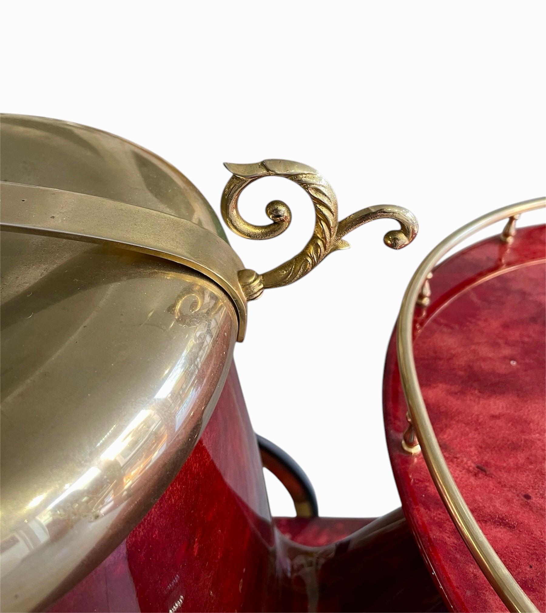 Veneer Pipe Trolley / Bar Cart and flask designed by Aldo Tura, Italy C 1960