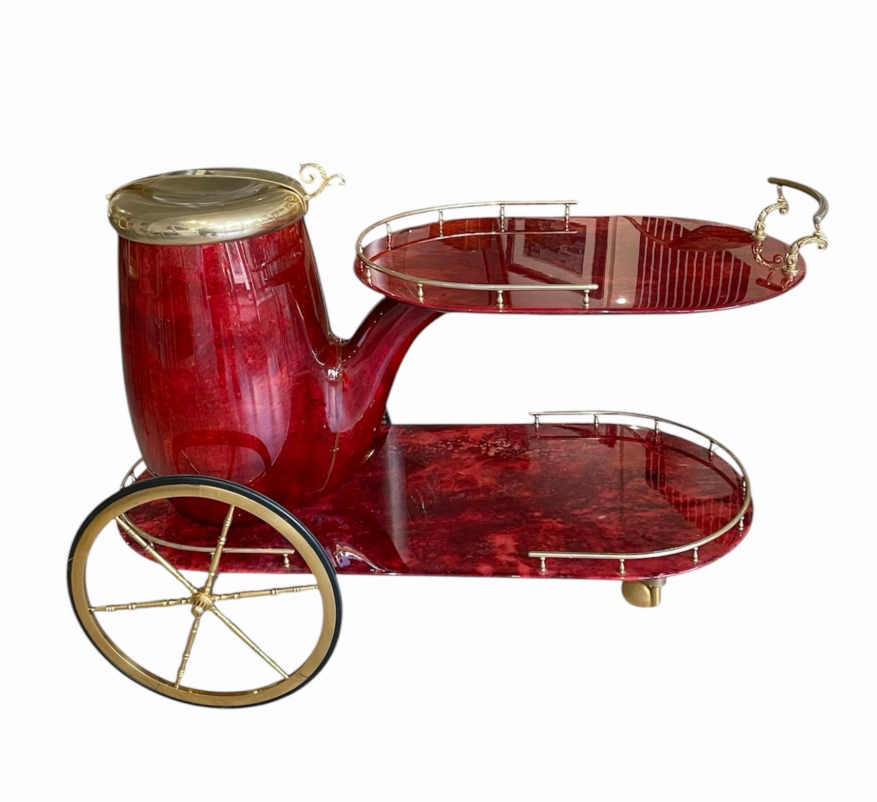 Brass Pipe Trolley / Bar Cart and flask designed by Aldo Tura, Italy C 1960