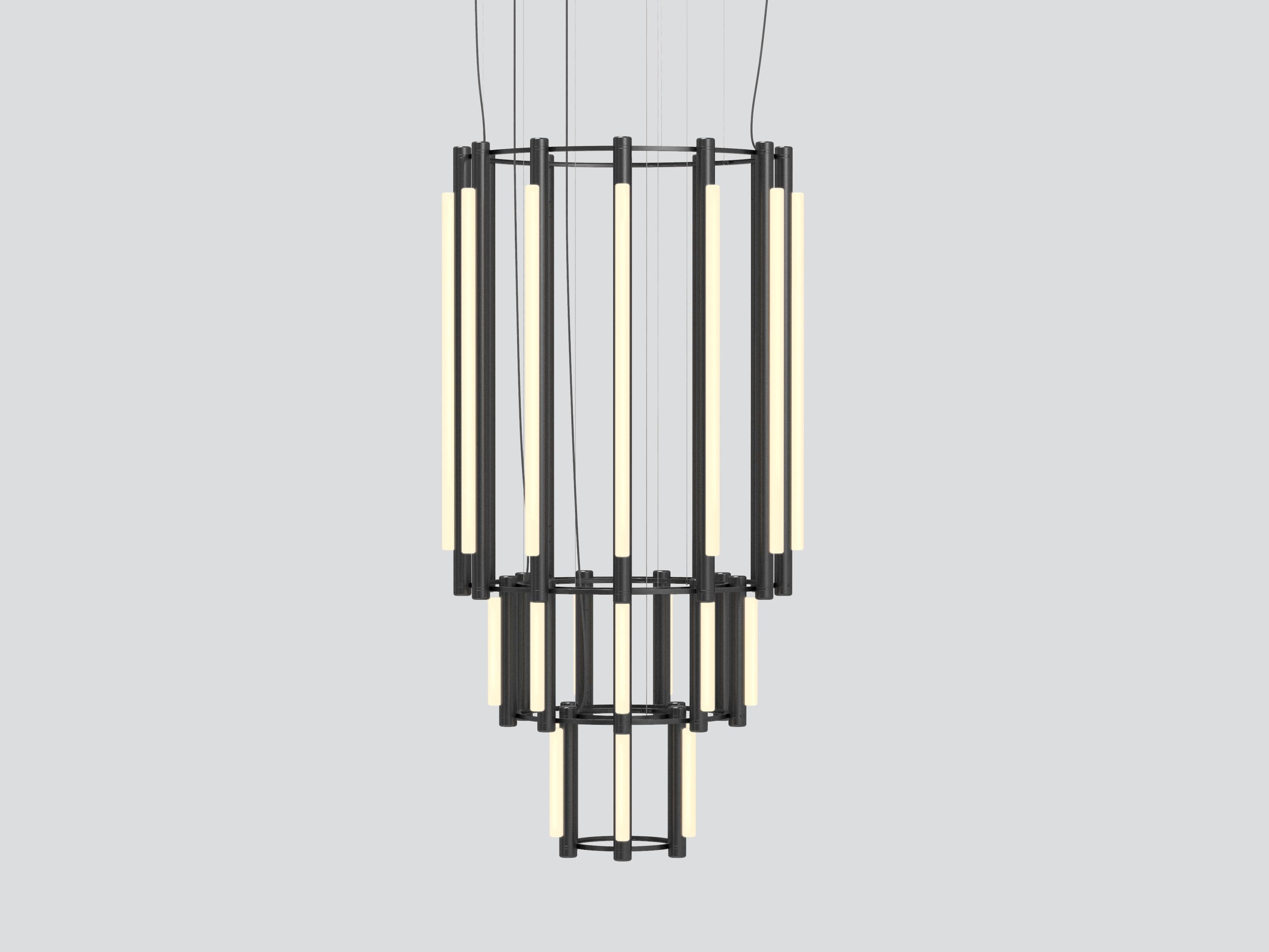 PIPELINE CHANDELIER 11 – PENDANT
by CAINE HEINTZMAN 

MATERIALS
– Aluminum Body
– Cast Acrylic

ELECTRICAL
– 12 x 15W + 15 x 5W LED
– 47,000 hour Lifetime
– 90+ CRI
– Input Voltage 100–240V + 277V
– Integral 24V DC power supply included