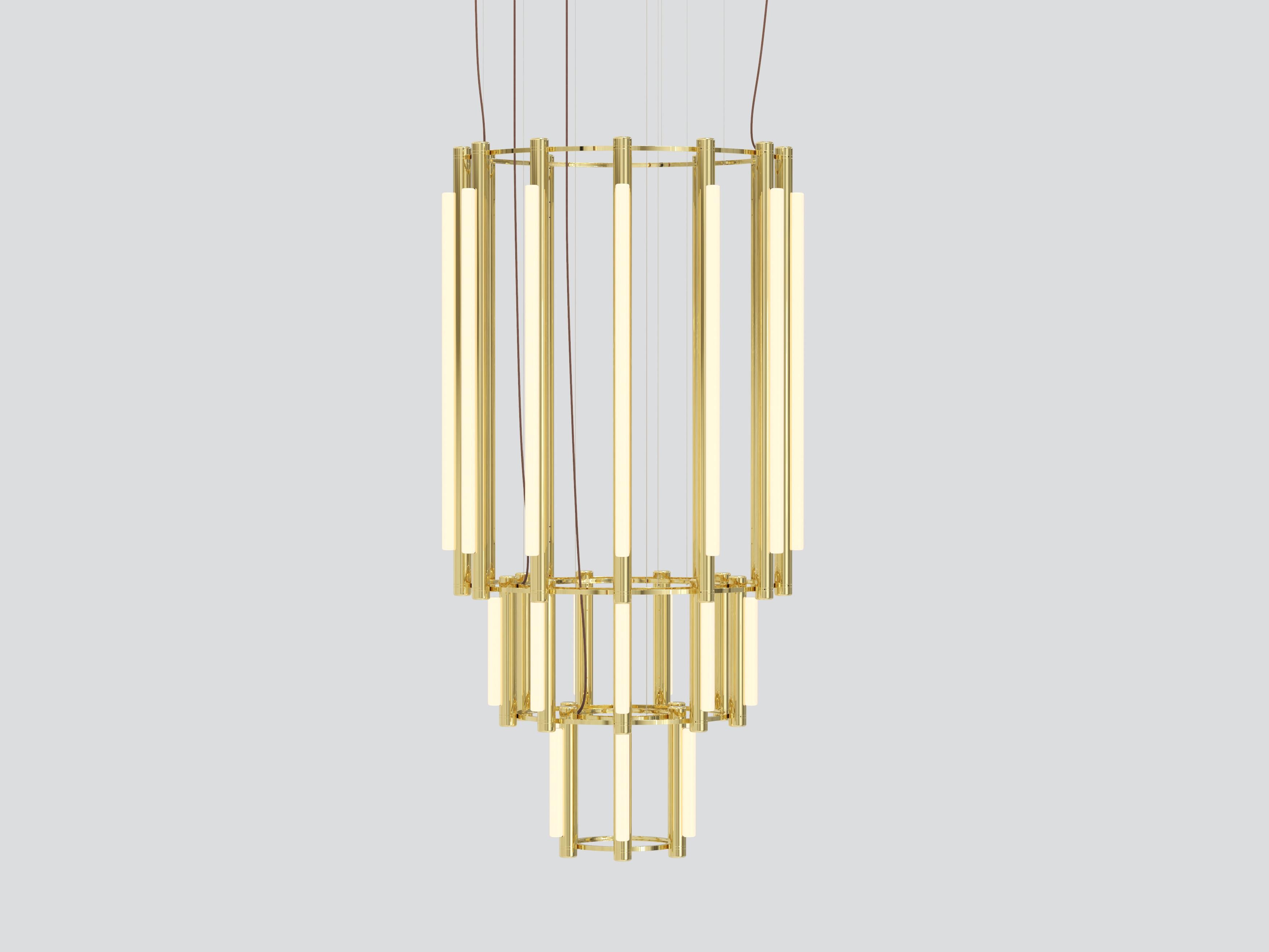 Pipeline Chandelier 11 – Pendant
By Caine Heintzman 

Materials
– Aluminum Body
– Cast Acrylic

Electrical
– 12 x 15W + 15 x 5W LED
– 47,000 hour Lifetime
– 90+ CRI
– Input Voltage 100–240V + 277V
– Integral 24V DC power supply included