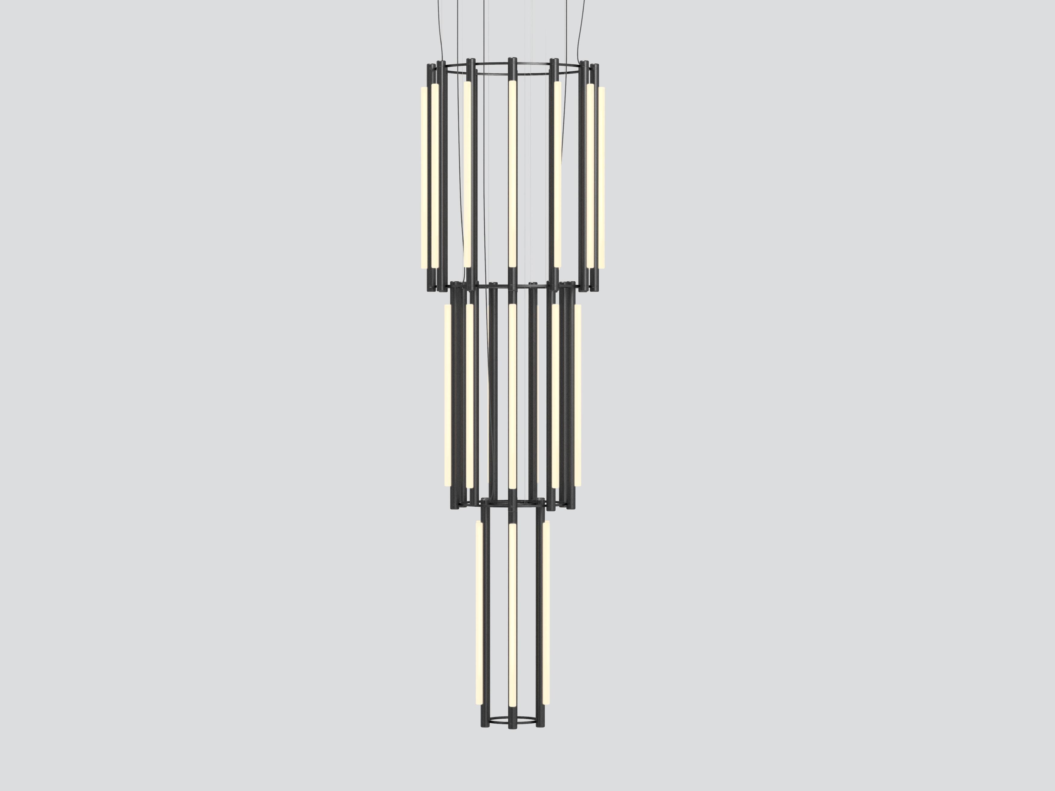 Pipeline chandelier 12 – pendant
by Caine Heintzman

Materials
– aluminum body
– cast acrylic

Electrical
– 27 x 15W LED
– 47,000 hour Lifetime
– 90+ CRI
– Input Voltage 100–240V + 277V
– Integral 24V DC power supply included
– Dimming