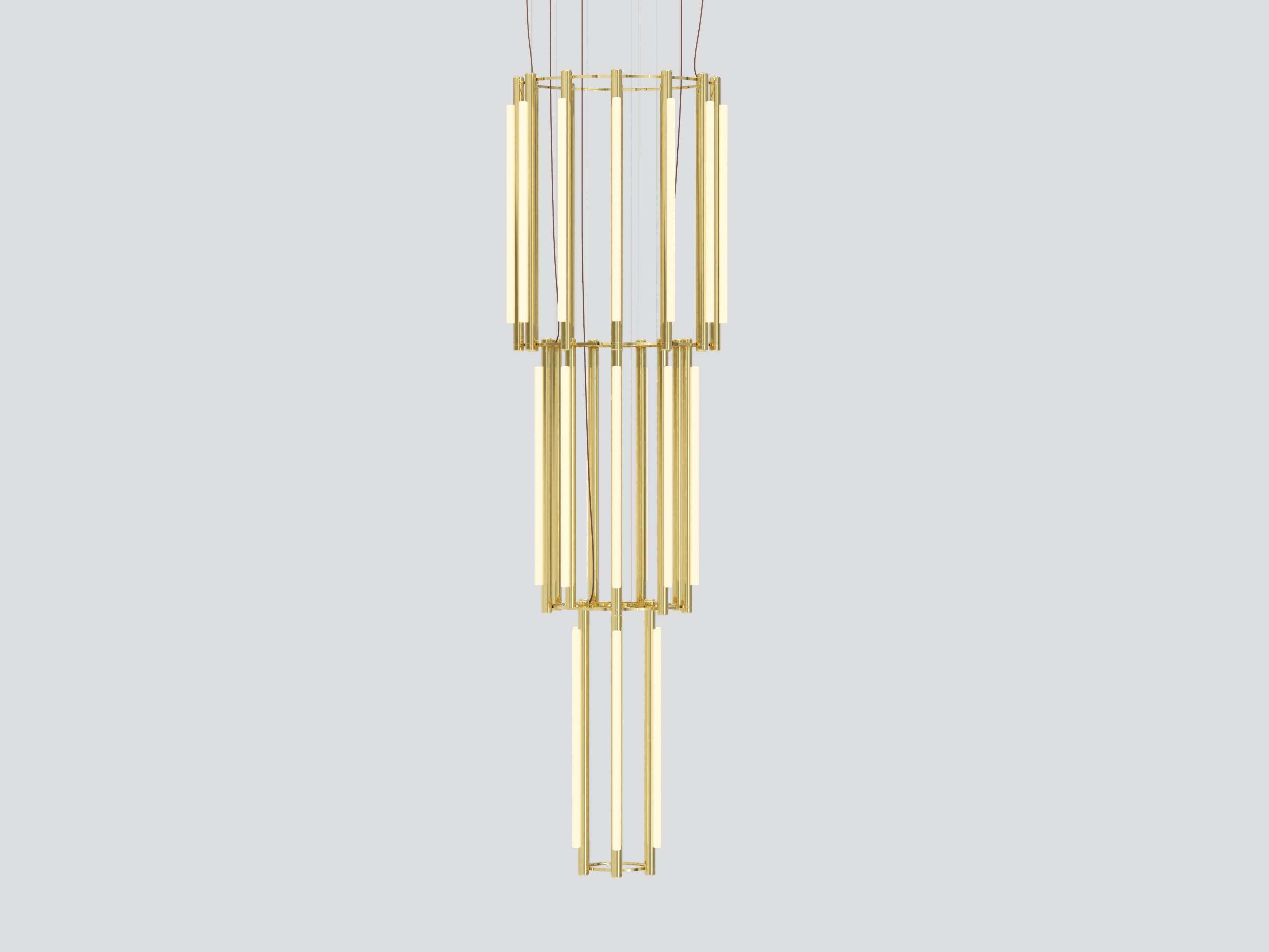 Pipeline chandelier 12 – pendant
by Caine Heintzman

Materials
– aluminum body
– cast acrylic

Electrical
– 27 x 15W LED
– 47,000 hour Lifetime
– 90+ CRI
– Input Voltage 100–240V + 277V
– Integral 24V DC power supply included
– Dimming