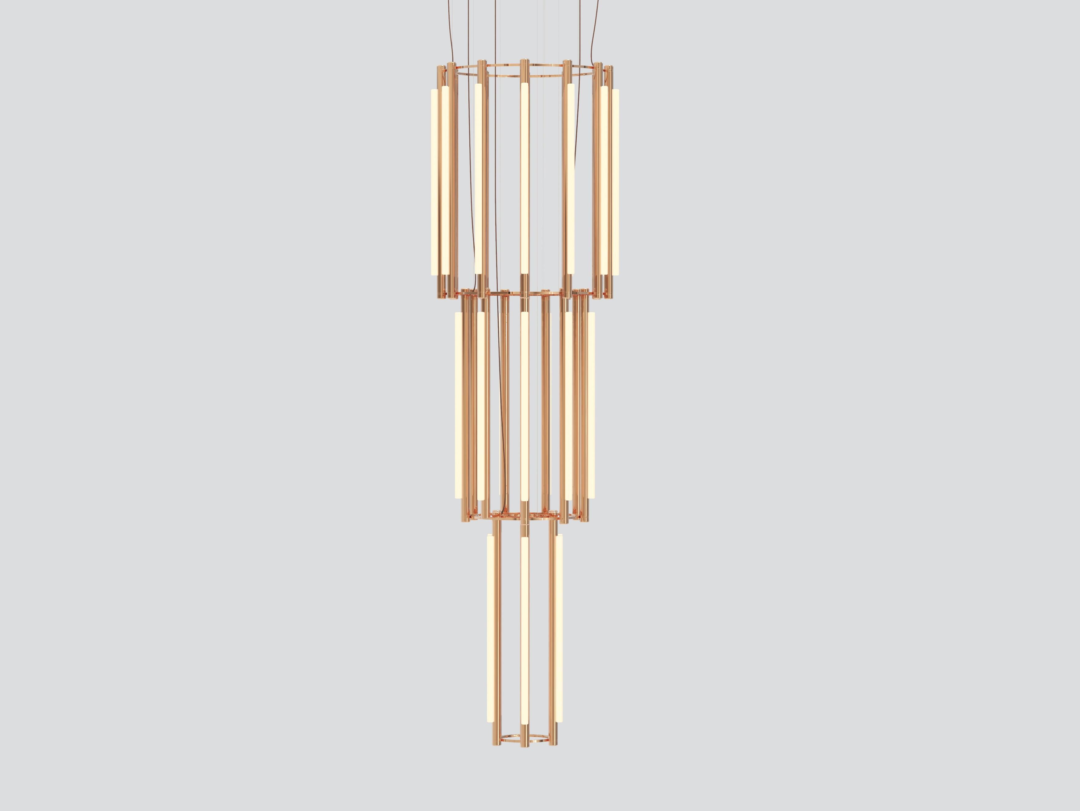 Pipeline chandelier 12 – pendant
by Caine Heintzman.

Materials
– aluminum body
– cast acrylic

Electrical
– 27 x 15W LED
– 47,000 hour Lifetime
– 90+ CRI
– Input Voltage 100–240V + 277V
– Integral 24V DC power supply included
– Dimming