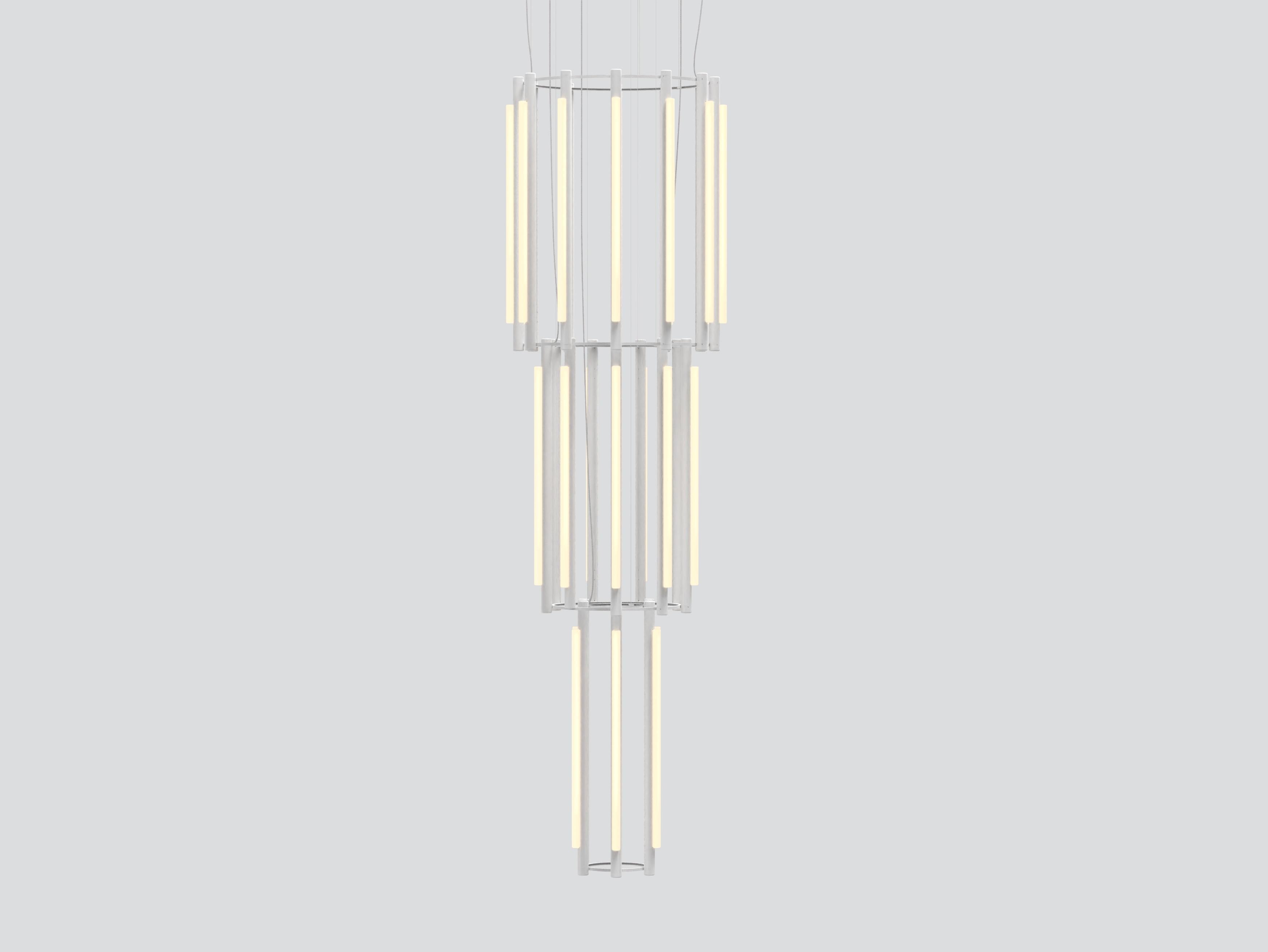 Pipeline chandelier 12 - pendant
by Caine Heintzman

Materials
– aluminum body
– cast acrylic

Electrical
– 27 x 15W LED
– 47,000 hour Lifetime
– 90+ CRI
– Input Voltage 100–240V + 277V
– Integral 24V DC power supply included
– Dimming