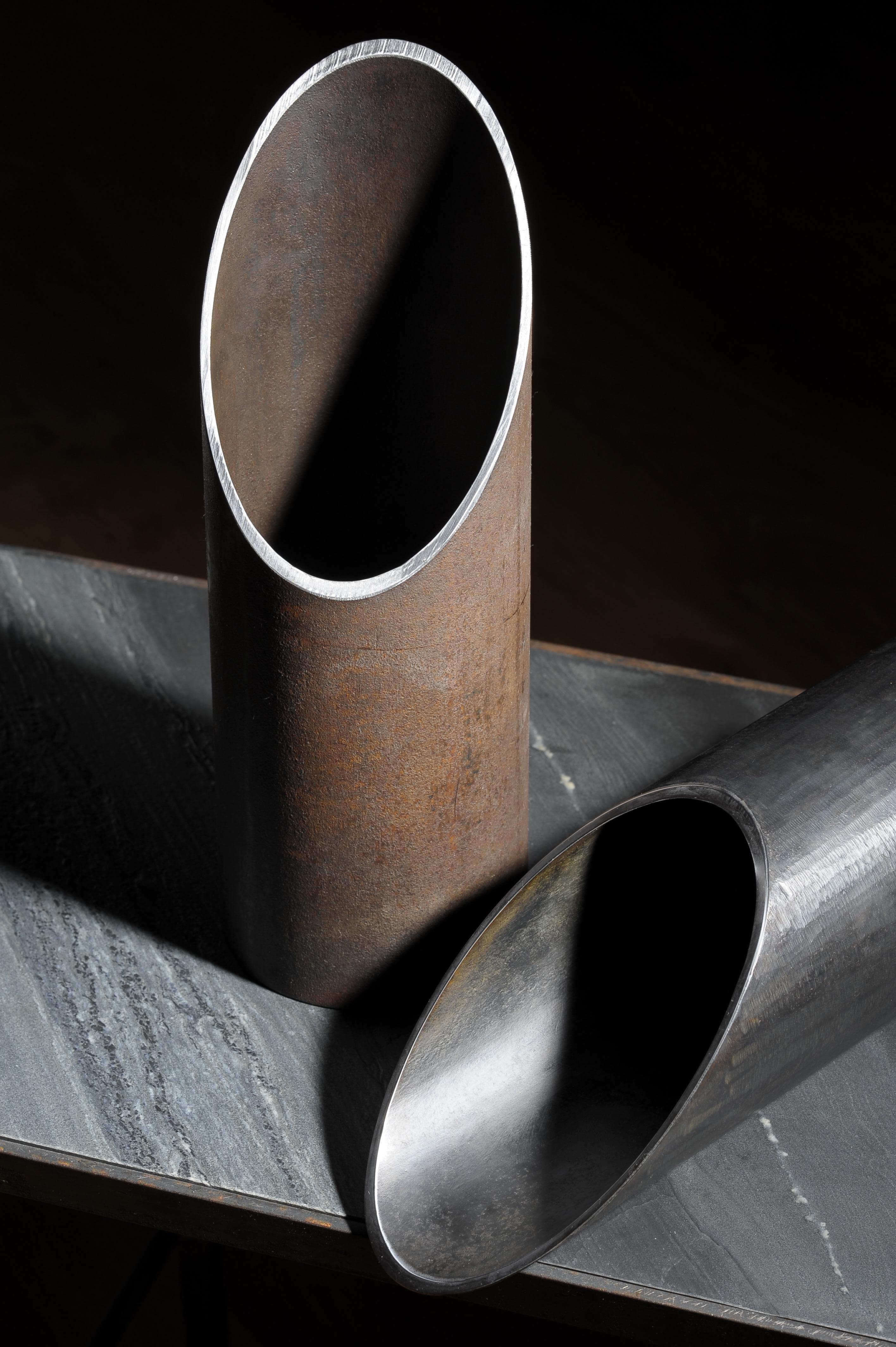 Post-Modern Pipe, Pair of Steel Sculpted Vases, Signed by Lukasz Friedrich For Sale