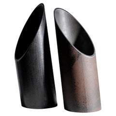 Pipe, Pair of Steel Sculpted Vases, Signed by Lukasz Friedrich