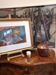 Still Life with Guitar and Fruit Bowl, Mid-20th Century Pastel