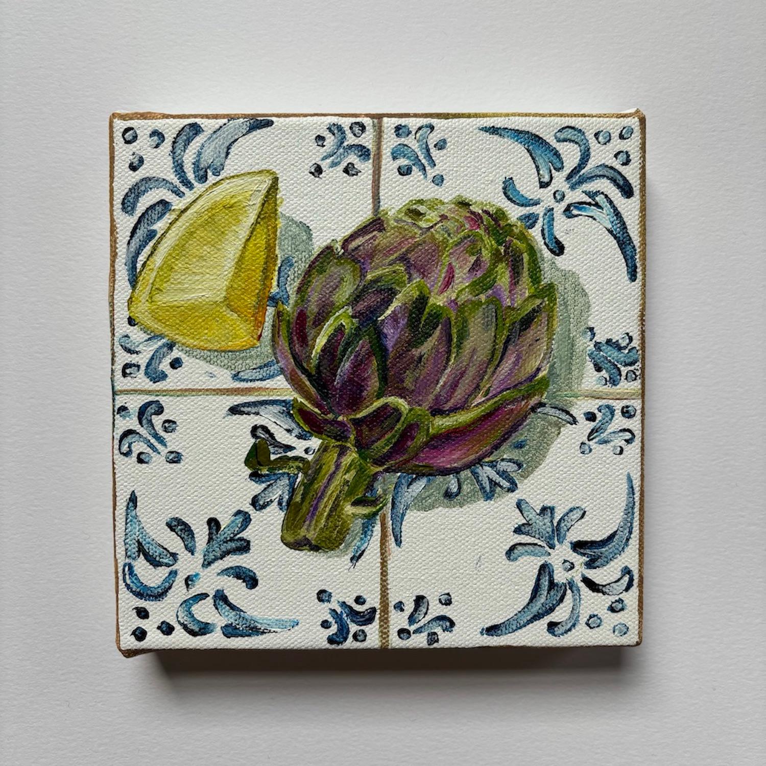  Artichoke & Lemon, Original painting, Food art, Seafood, Mediterranean style - Contemporary Painting by Pippa Smith
