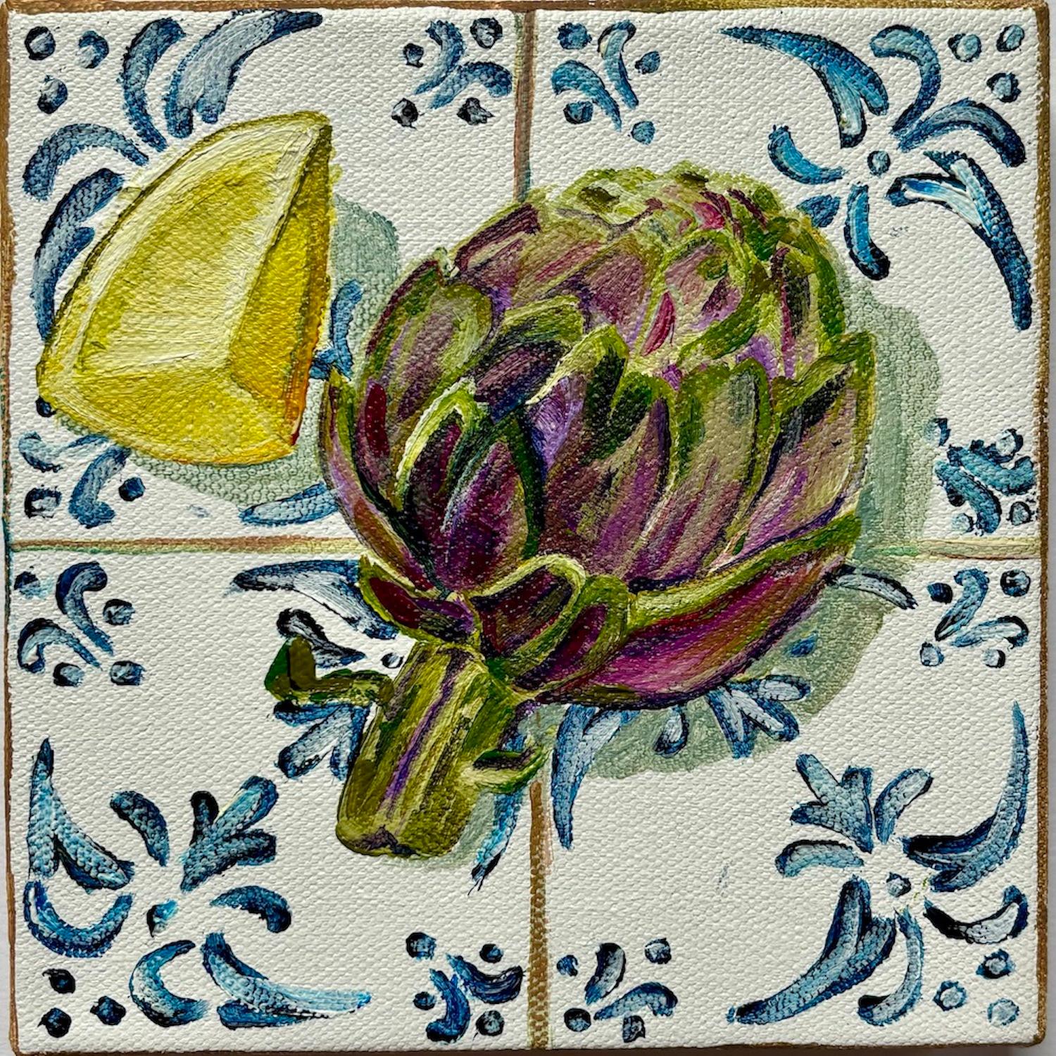 Pippa Smith Still-Life Painting -  Artichoke & Lemon, Original painting, Food art, Seafood, Mediterranean style