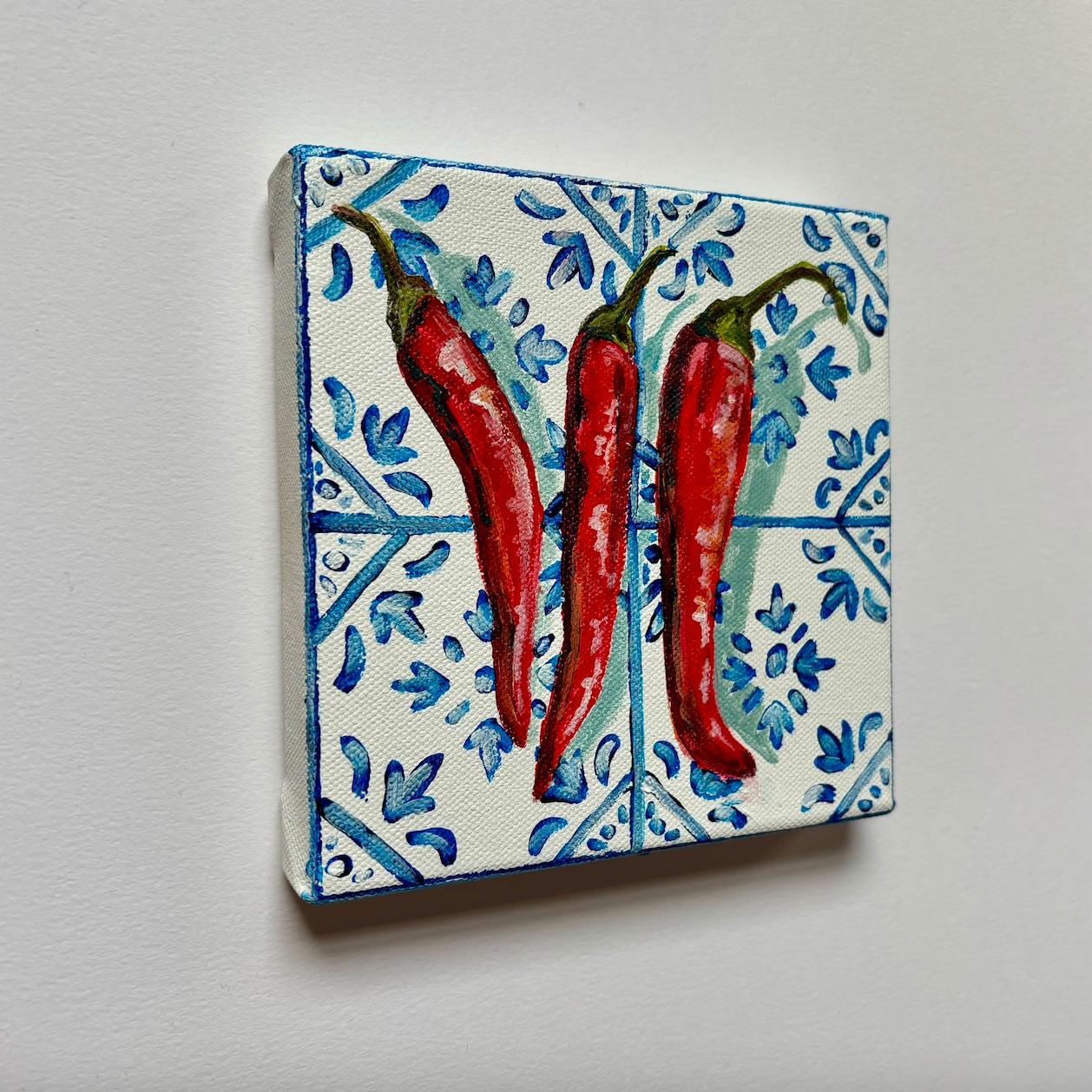 diptych of Three Chillis on Tiles and Sardines with Lemon, Original painting For Sale 8