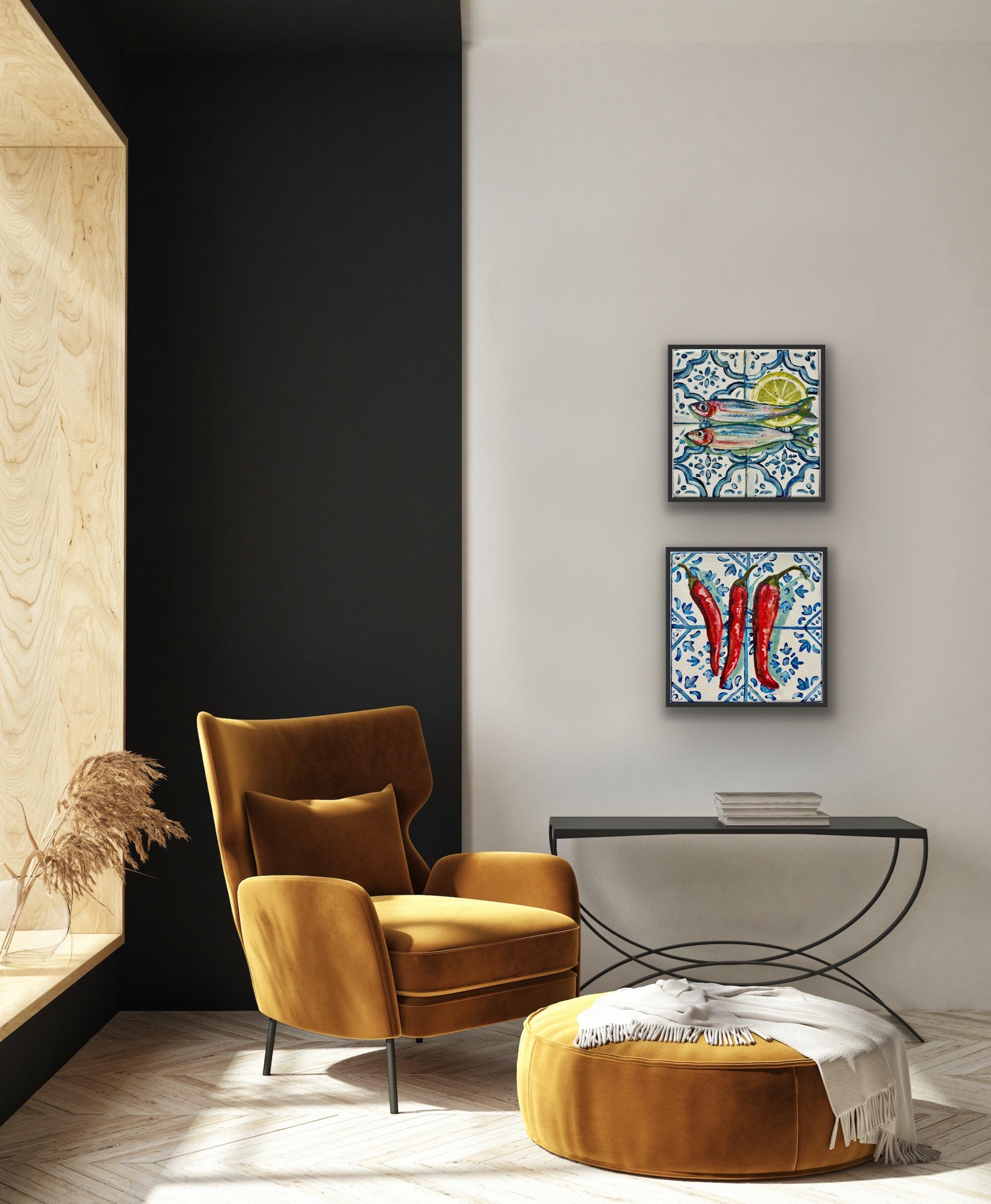 diptych of Three Chillis on Tiles and Sardines with Lemon, Original painting - Painting by Pippa Smith