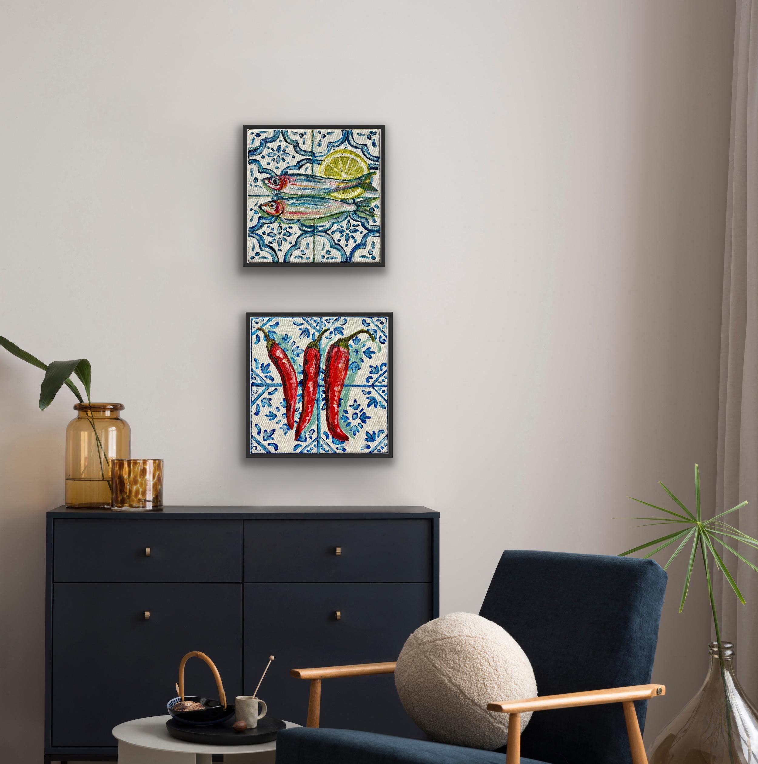 diptych of Three Chillis on Tiles and Sardines with Lemon, Original painting - Contemporary Painting by Pippa Smith