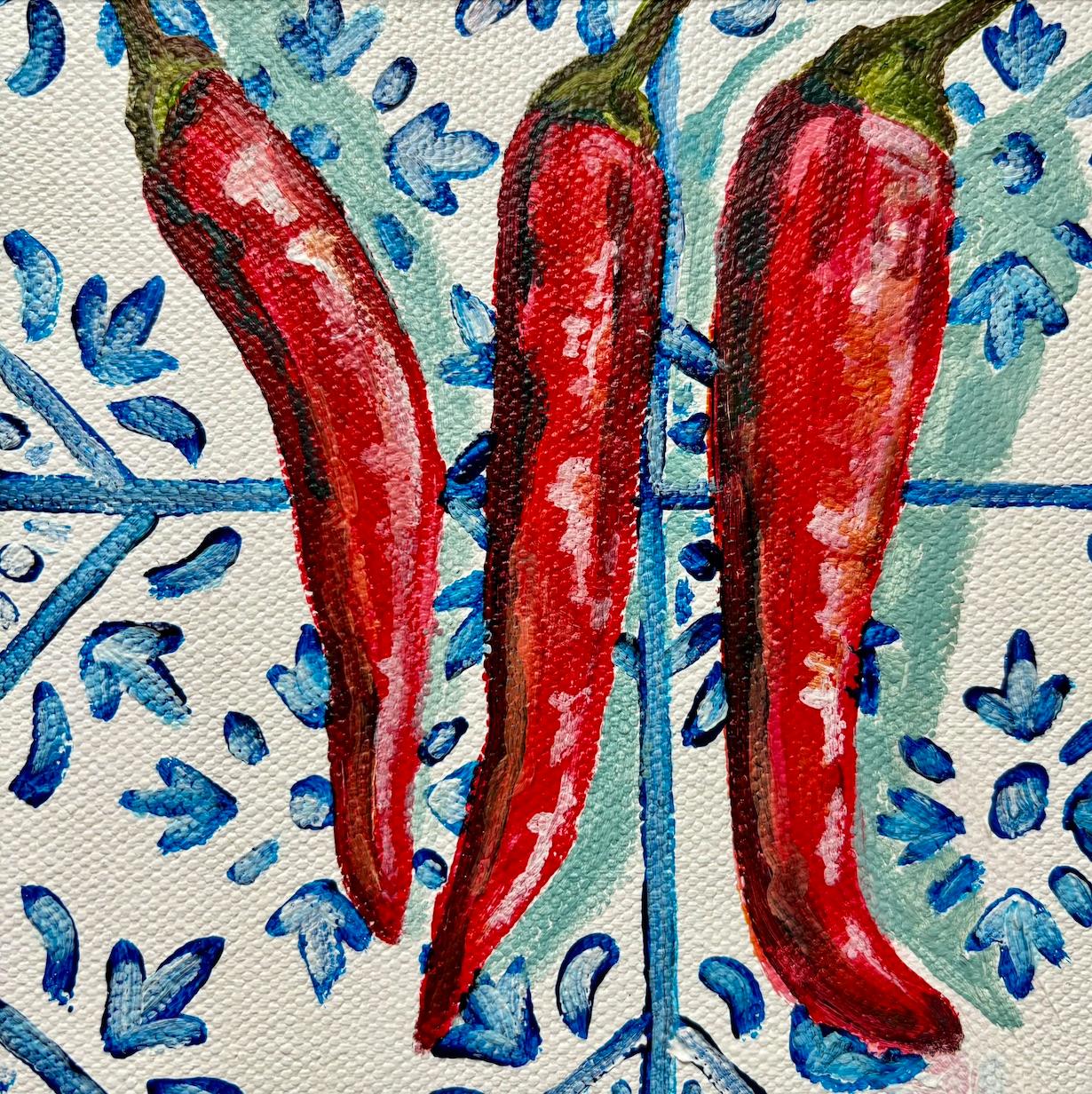 diptych of Three Chillis on Tiles and Sardines with Lemon, Original painting For Sale 4