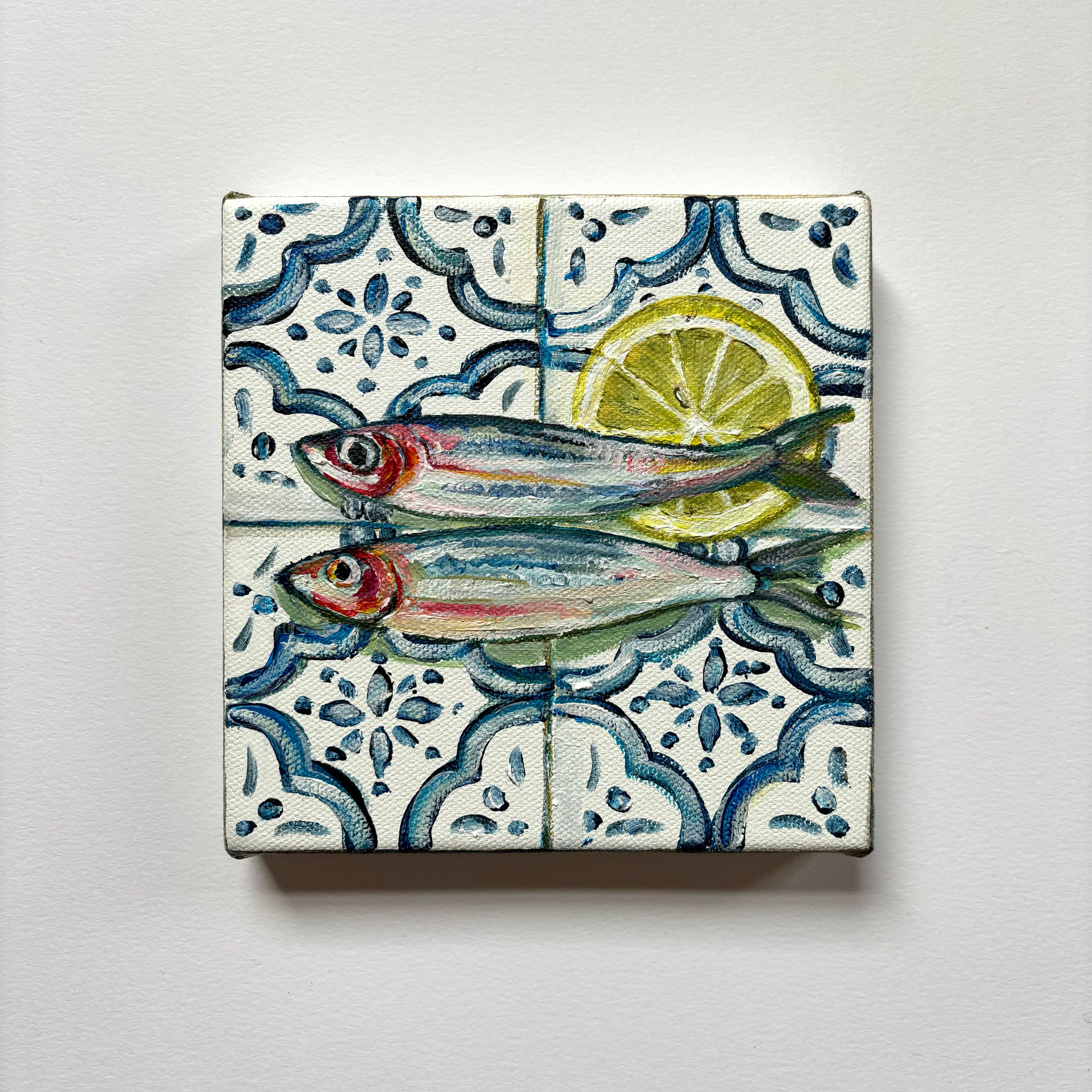 diptych of Three Chillis on Tiles and Sardines with Lemon, Original painting For Sale 5