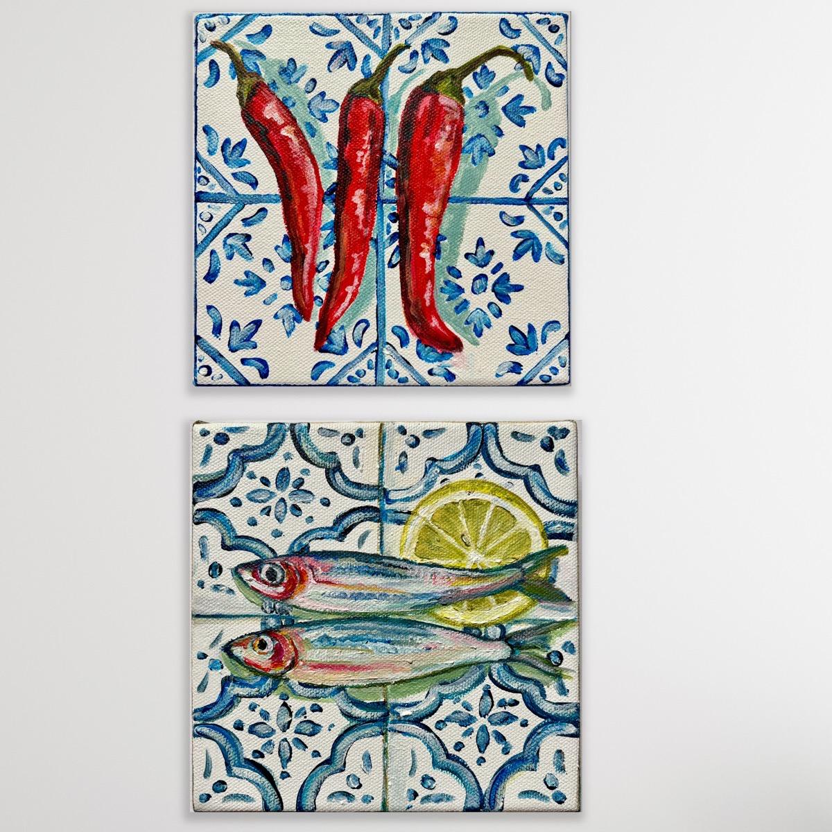 Animal Painting Pippa Smith - diptyque de trois Chillis sur carreaux et sardines avec citron, peinture originale