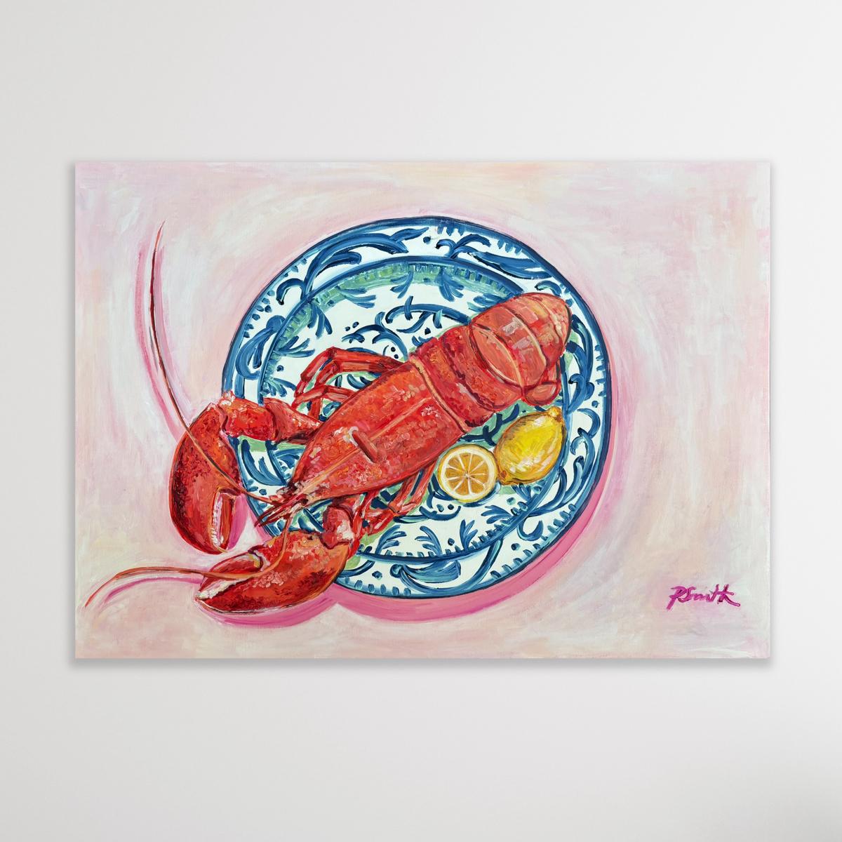 Large Lobster on Blue & White Plate, Original painting, Food art, Seafood - Painting by Pippa Smith