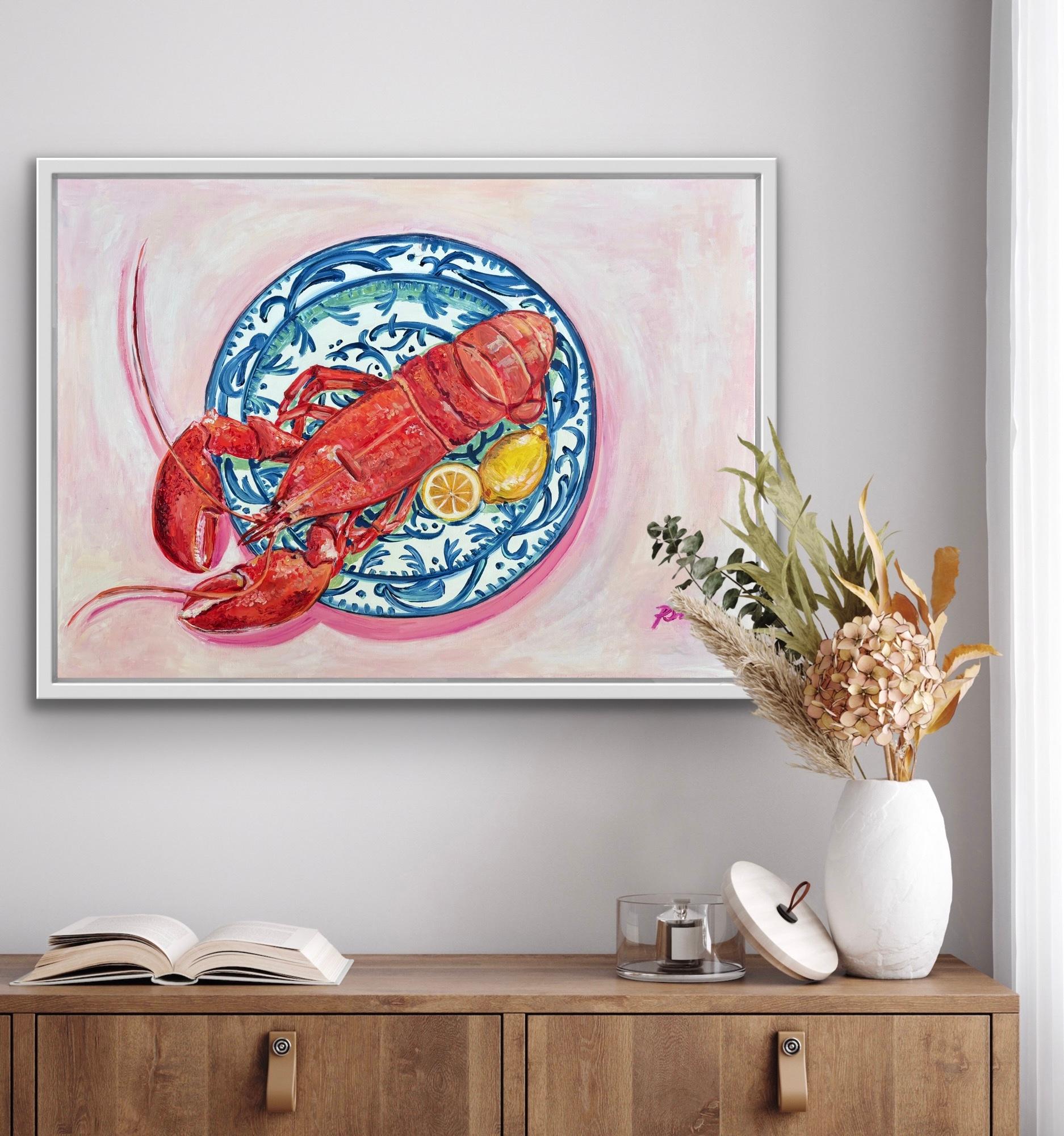 Large Lobster on Blue & White Plate, Original painting, Food art, Seafood - Contemporary Painting by Pippa Smith