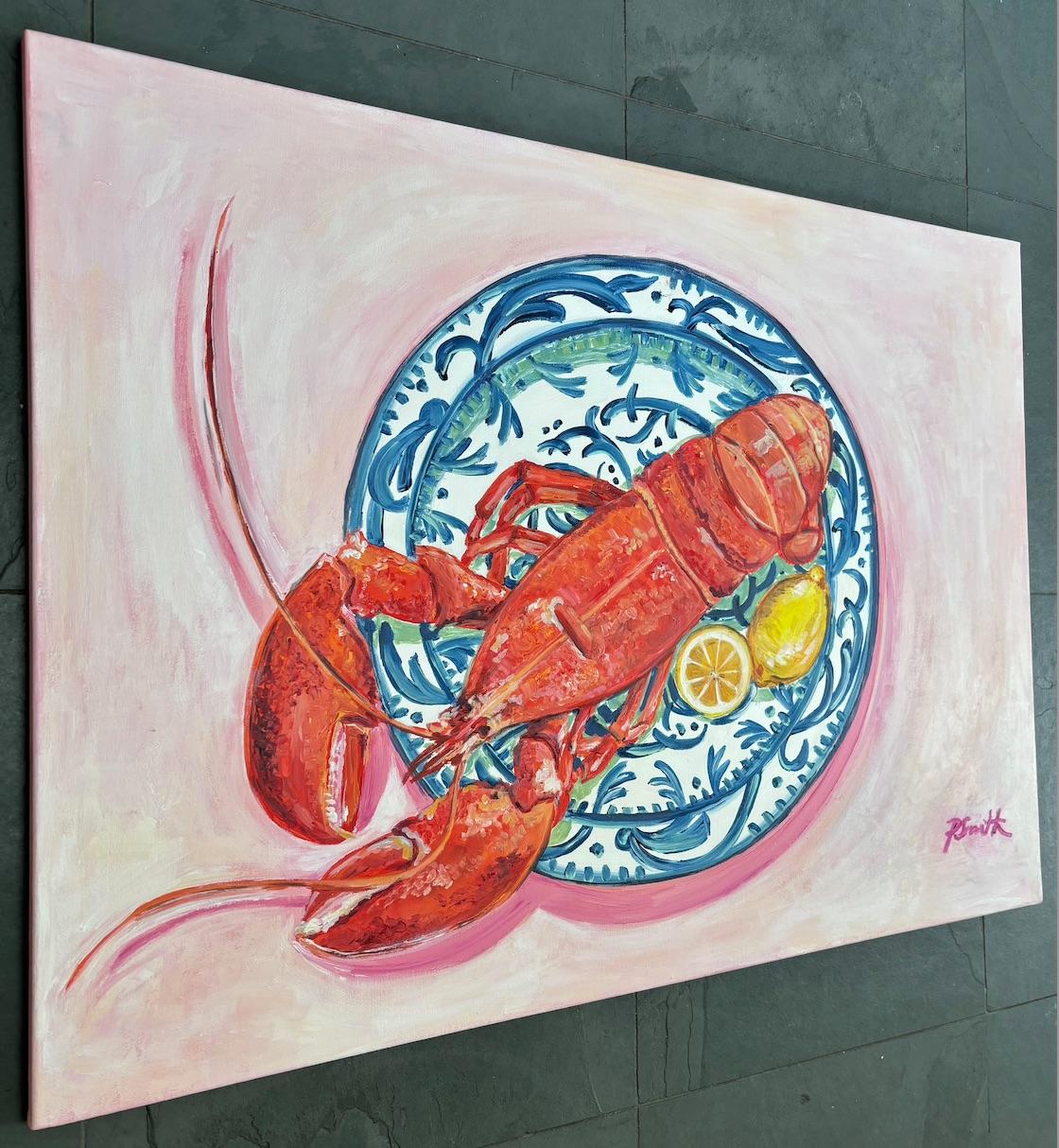 This vibrant and contemporary still-life painting depicts a fresh and juicy lobster with a lemon on a traditional Hispanic blue and white ceramic plate. Playing with a larger than life scale, this pice is both impactful and playful. The softly pink