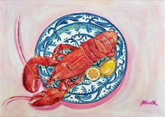 Grand homard sur assiette bleue et blanche, peinture originale, art de la nourriture, art des aliments