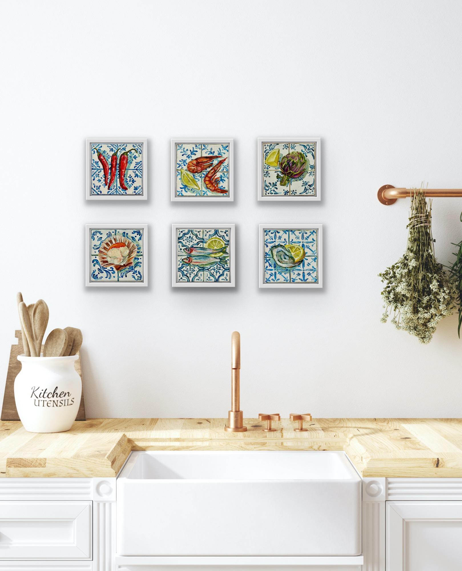 My Mini Tile Series depicts the spoils of a Mediterranean kitchen on a selection of blue and white Hispanic tiles. Hung together these original paintings aim to encapsulate the richness of a Southern European pantry. They are vibrant still life