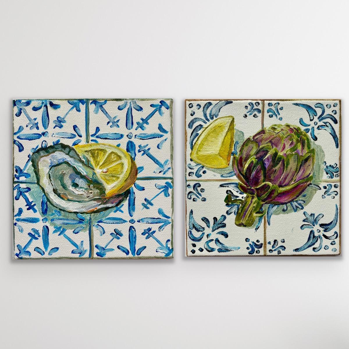 Díptico Ostra y Limón y Alcachofa y Limón, Pintura original, Mar