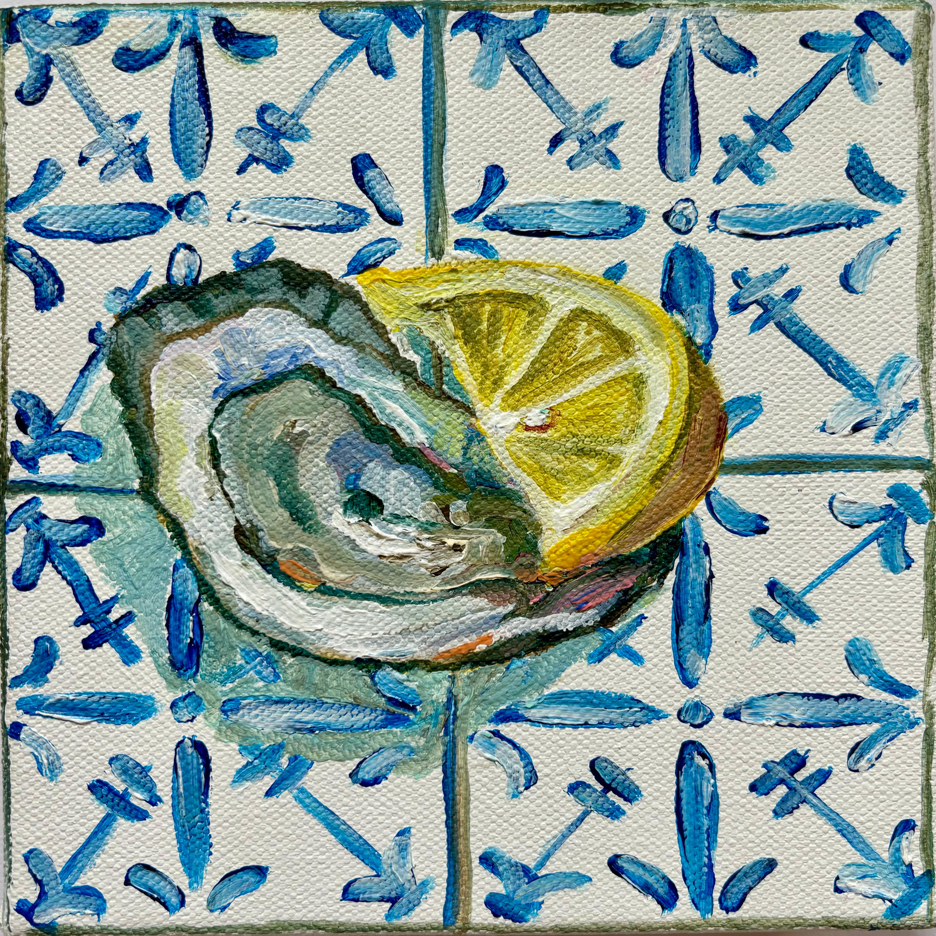 Oyster & Lemon, peinture originale, art de la nourriture, fruits de mer, Méditerranéen - Painting de Pippa Smith