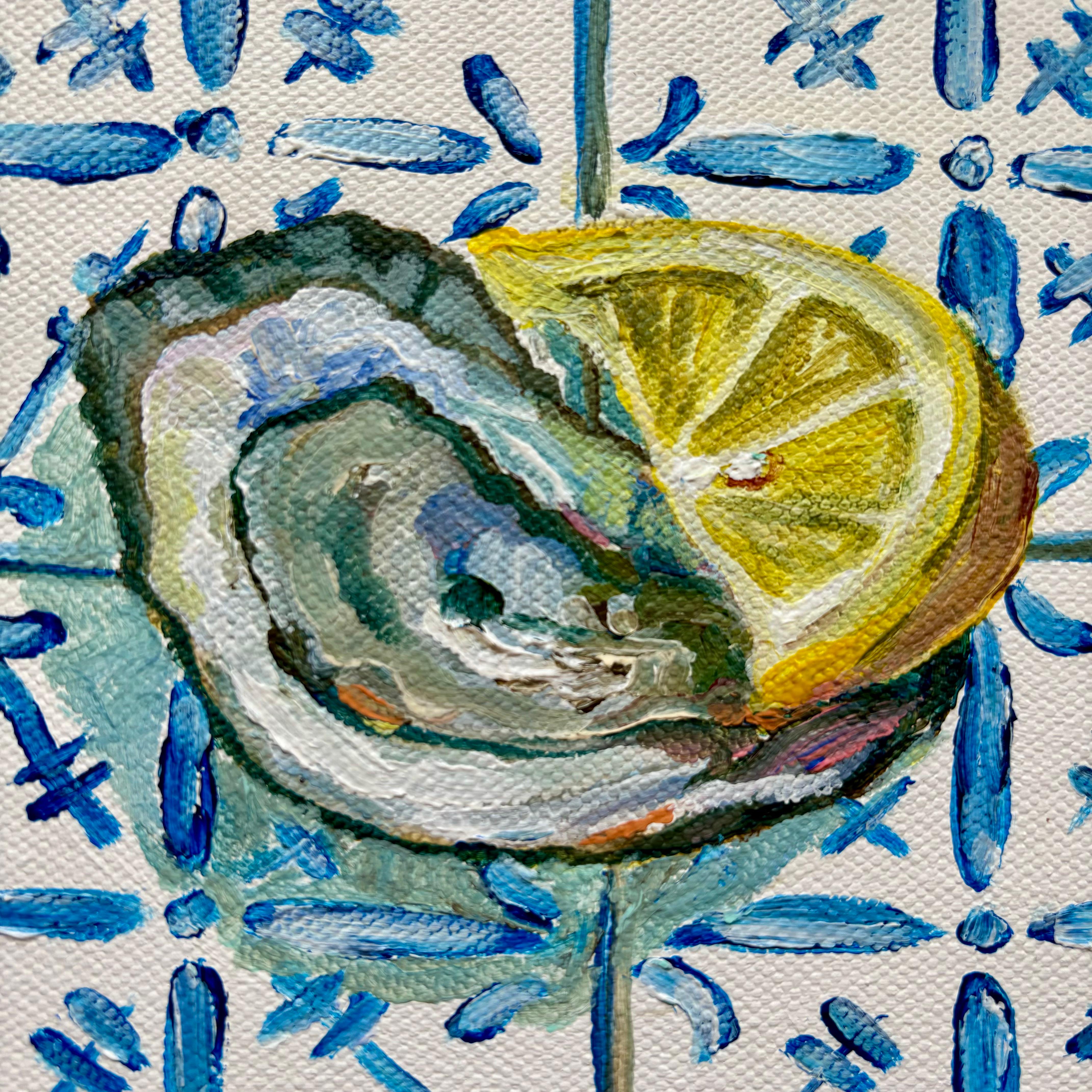 Oyster & Lemon, peinture originale, art de la nourriture, fruits de mer, Méditerranéen - Contemporain Painting par Pippa Smith