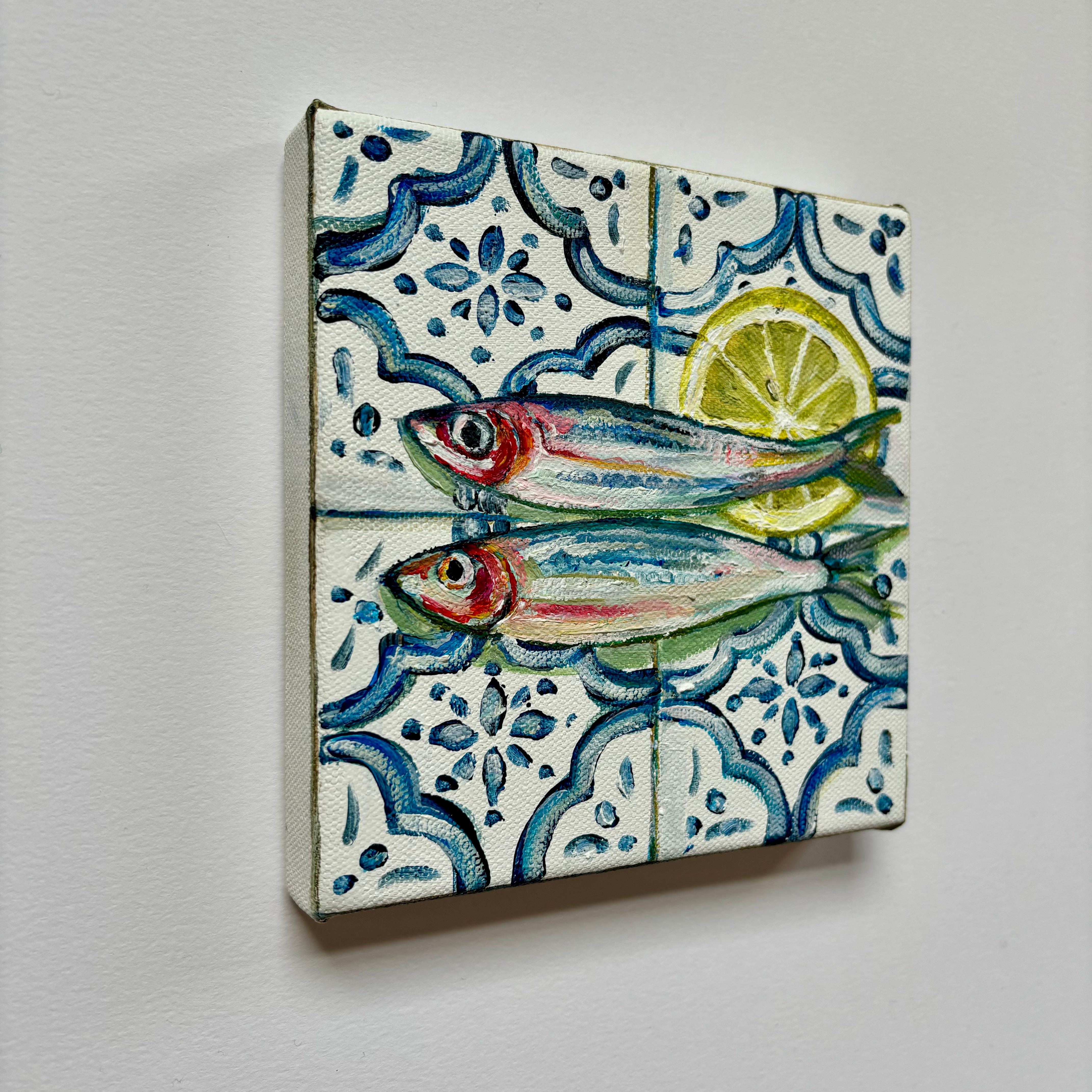 Sardines with Lemon, peinture originale, art de la nourriture, fruits de mer, Méditerranéen - Gris Still-Life Painting par Pippa Smith