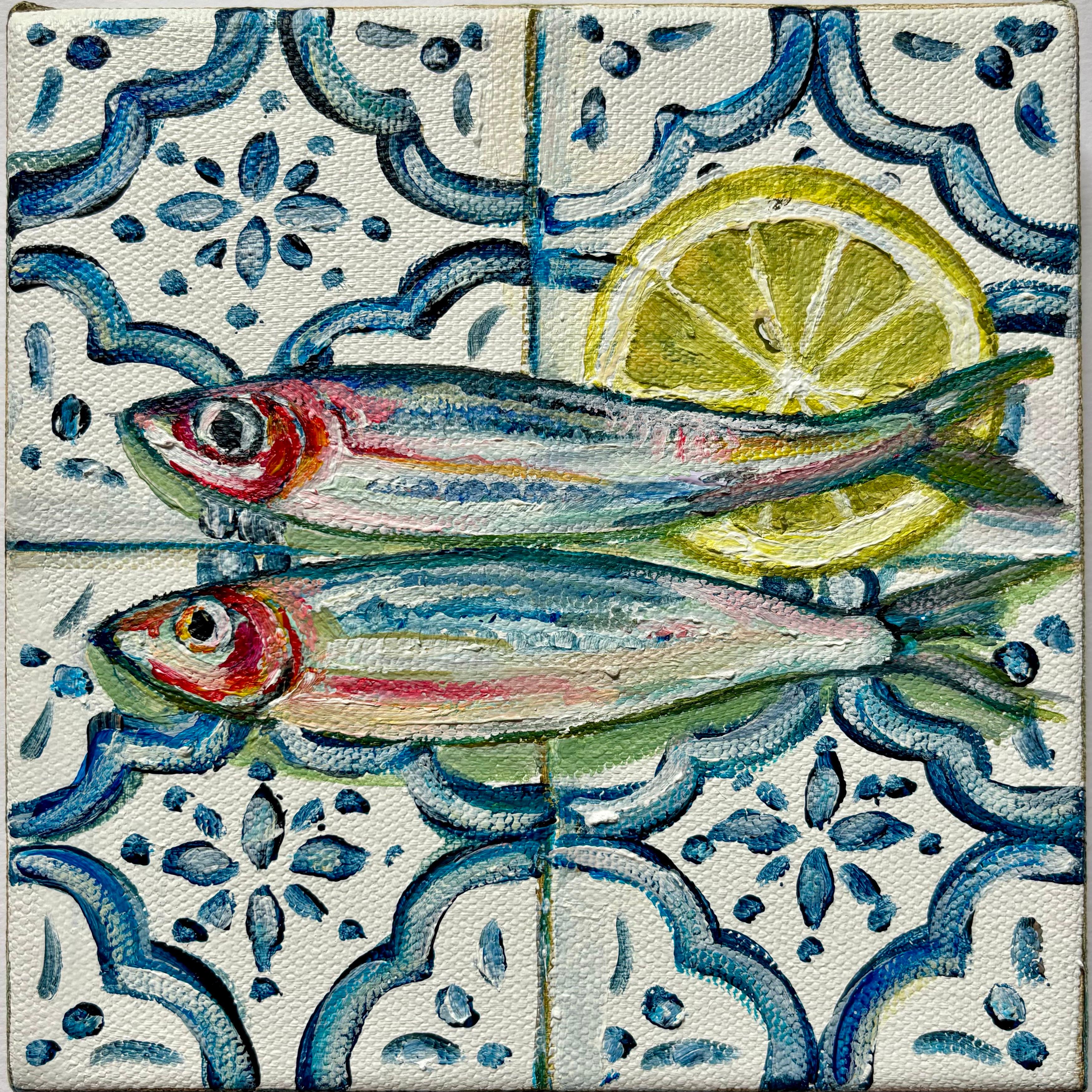 Still-Life Painting Pippa Smith - Sardines with Lemon, peinture originale, art de la nourriture, fruits de mer, Méditerranéen