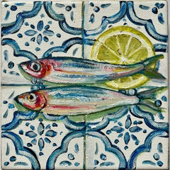 Sardines mit Zitronen, Originalgemälde, Lebensmittelkunst, Meeresfrüchte, Mittelmeerraum