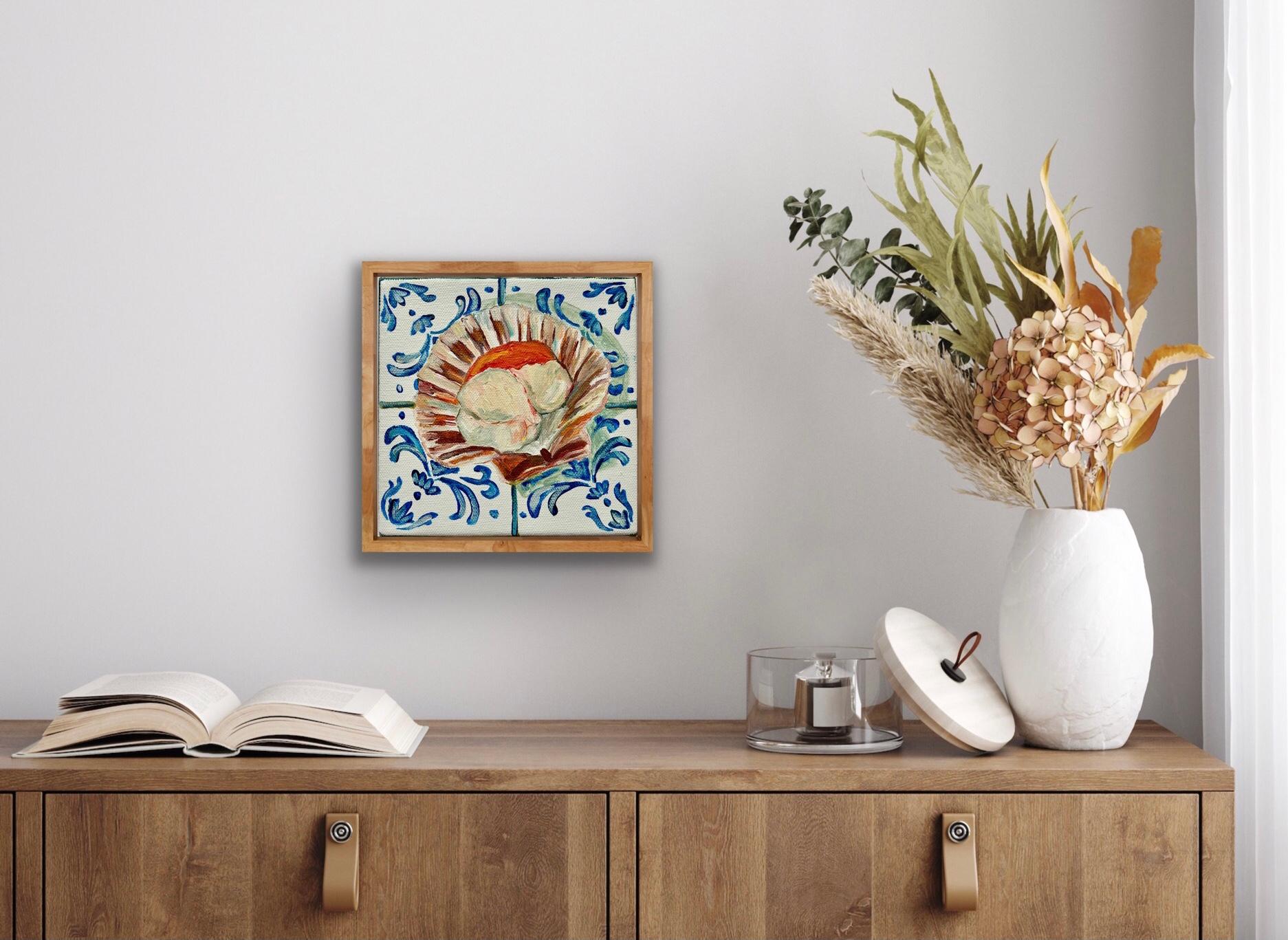 Scallop on Tiles, Original painting, Food art, Seafood, Mediterranean style  - Painting by Pippa Smith