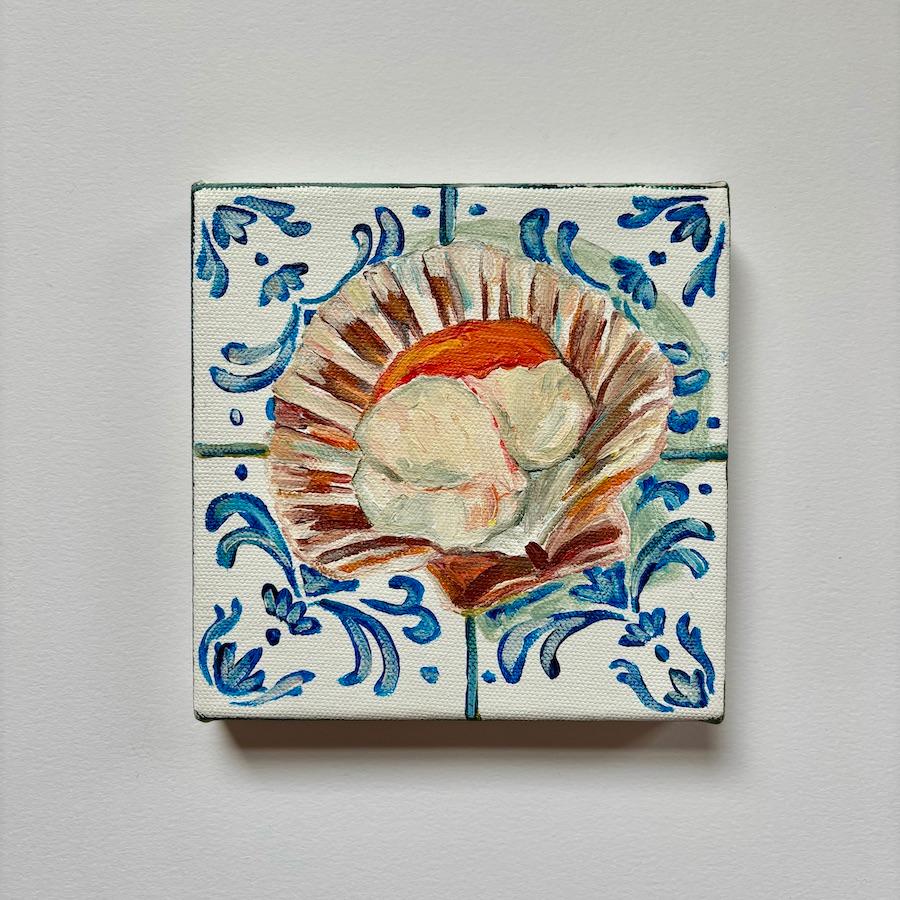 Scallop on Tiles, Original painting, Food art, Seafood, Mediterranean style  For Sale 1