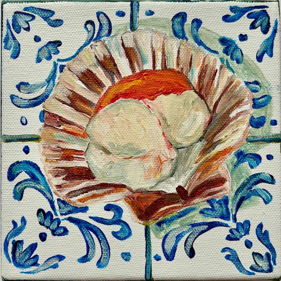 Pippa Smith Still-Life Painting - Scallop on Tiles, Original painting, Food art, Seafood, Mediterranean style 