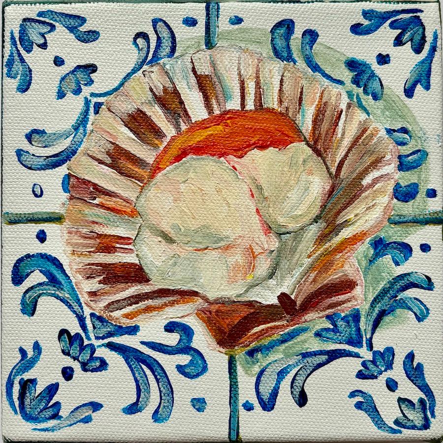 Still-Life Painting de Pippa Smith - Vieira sobre azulejos, Pintura original, Food art, Marisco, Estilo mediterráneo
