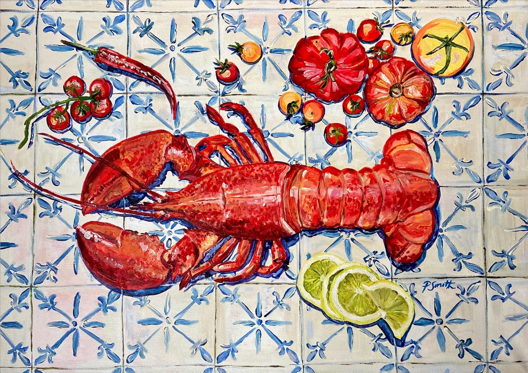 The Italian Table, Lobster, Original painting, Food art, Seafood, Mediterranean - Painting by Pippa Smith