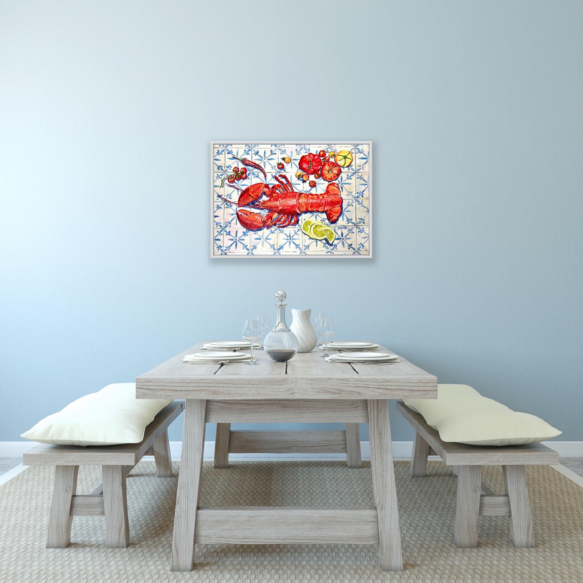 The Italian Table, Lobster, Original painting, Food art, Seafood, Mediterranean - Beige Still-Life Painting by Pippa Smith