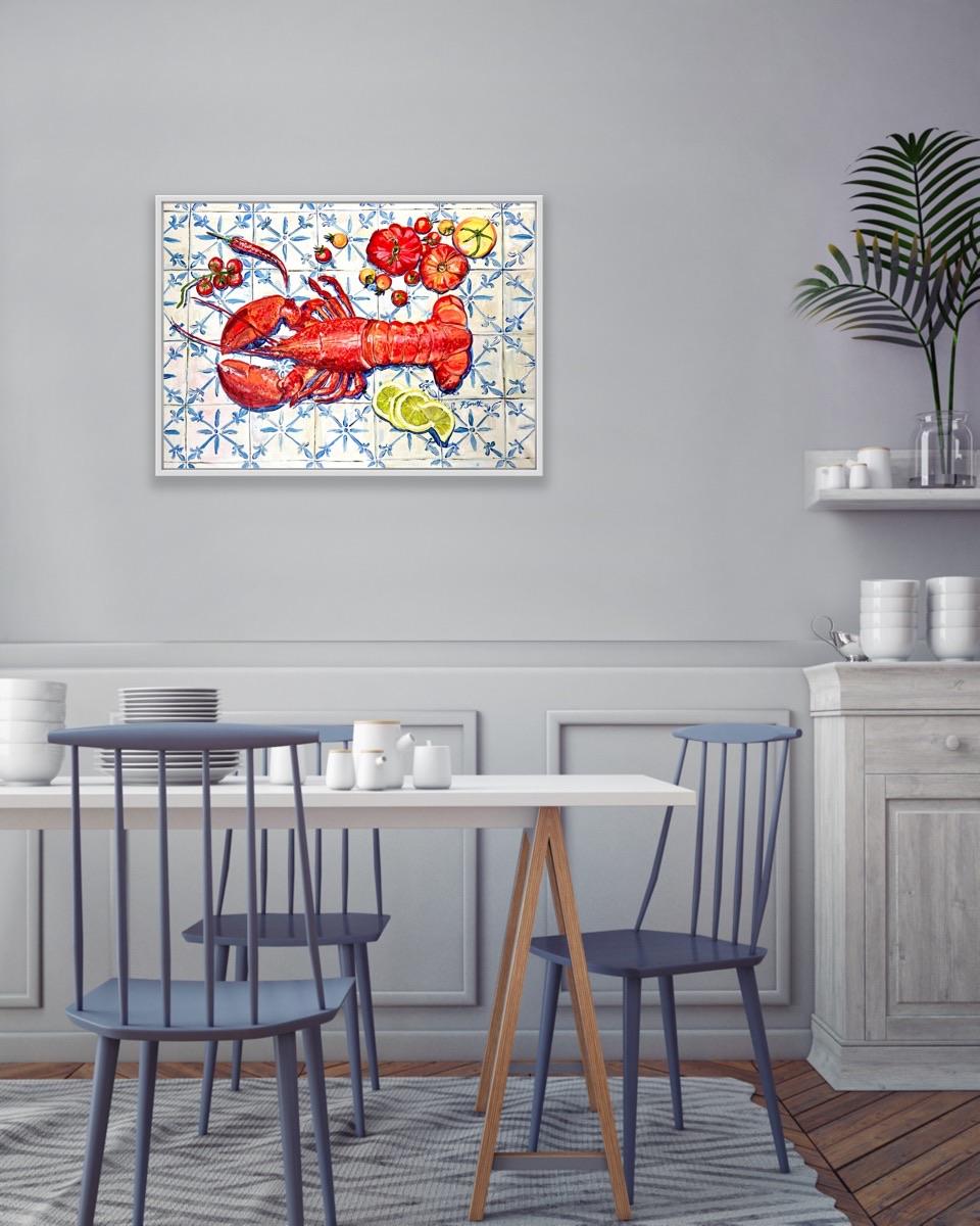 The Italian Table, Lobster, Original painting, Food art, Seafood, Mediterranean For Sale 1