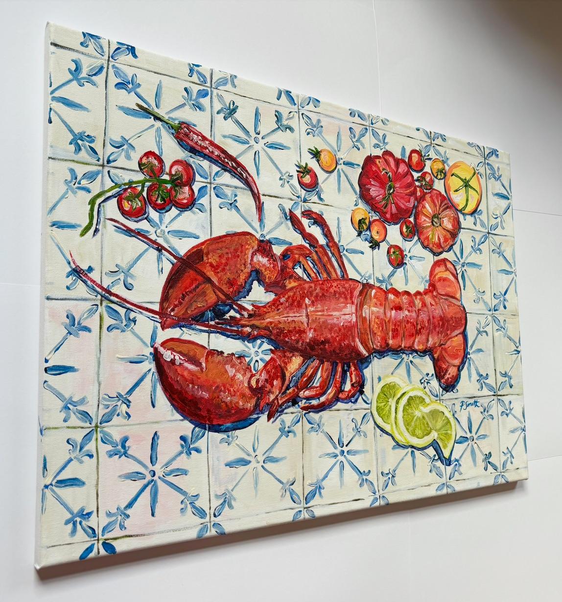 The Italian Table, Lobster, Original painting, Food art, Seafood, Mediterranean For Sale 3
