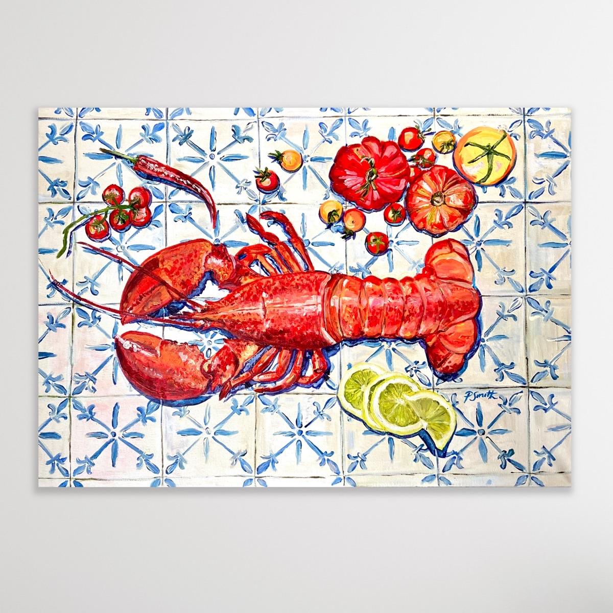 The Italian Table, Lobster, Original painting, Food art, Seafood, Mediterranean For Sale 4