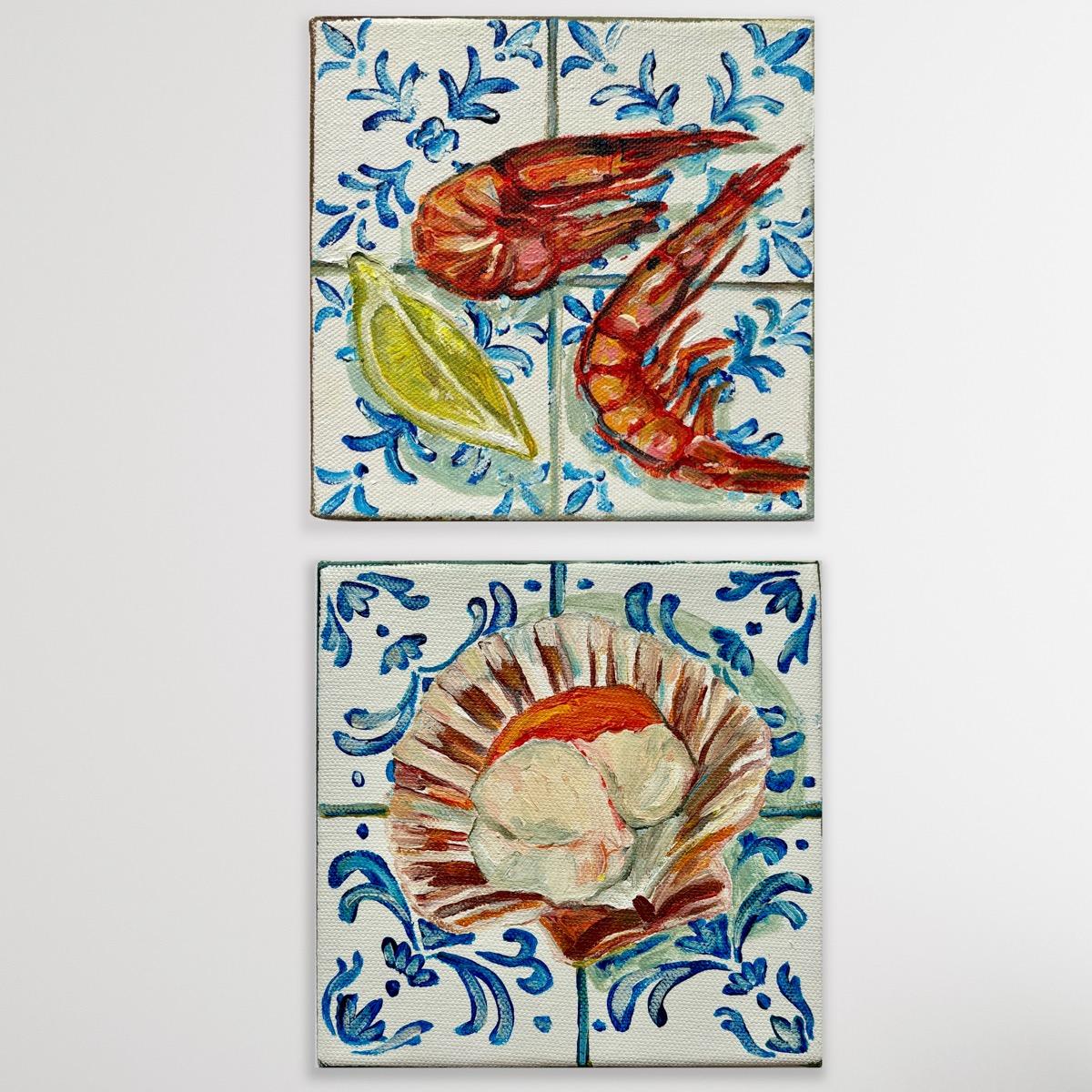Two Prawns & Lemon Wedge and Scallop on Tiles diptych, Original painting, Sea - Painting by Pippa Smith