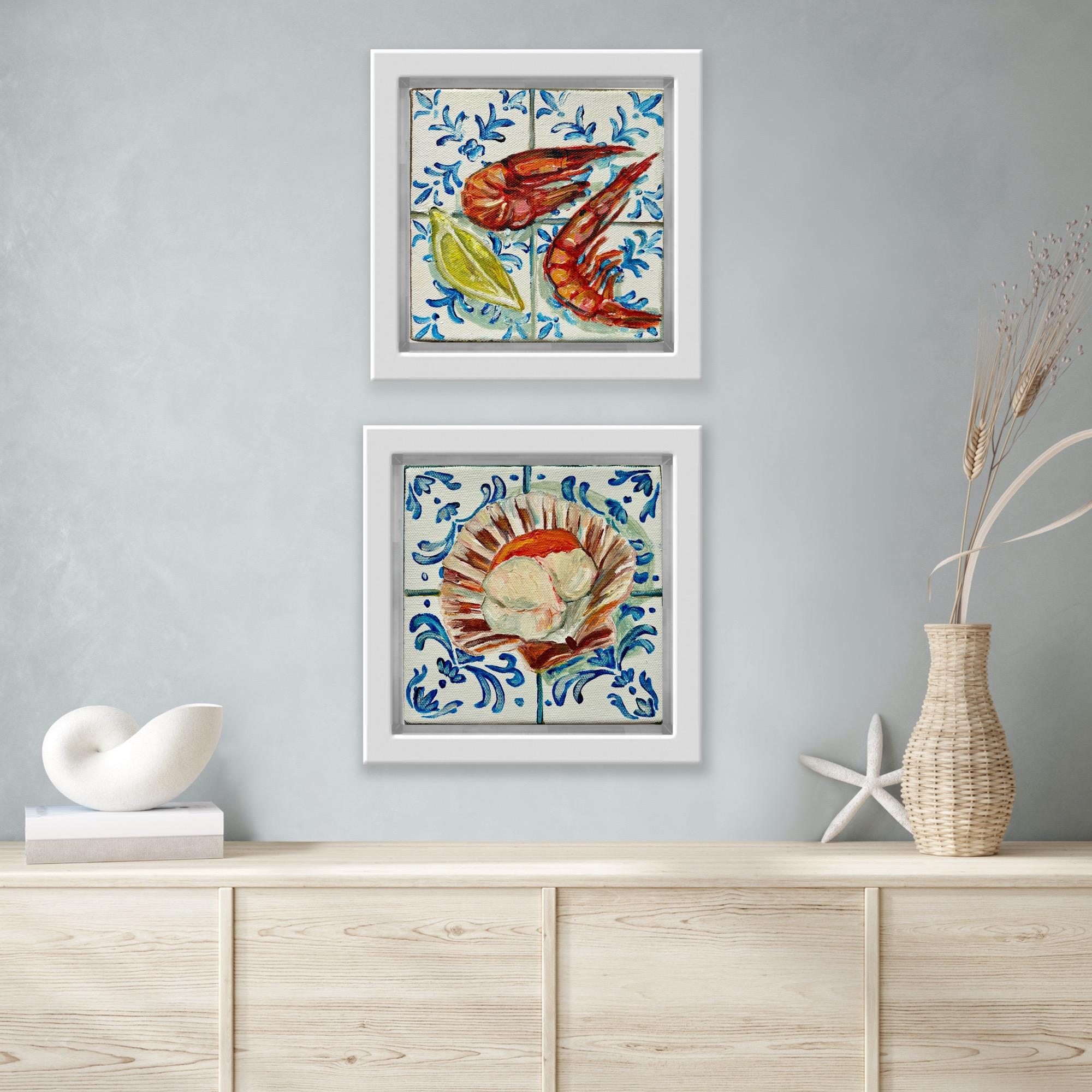 Two Prawns & Lemon Wedge and Scallop on Tiles diptych, Original painting, Sea - Contemporary Painting by Pippa Smith