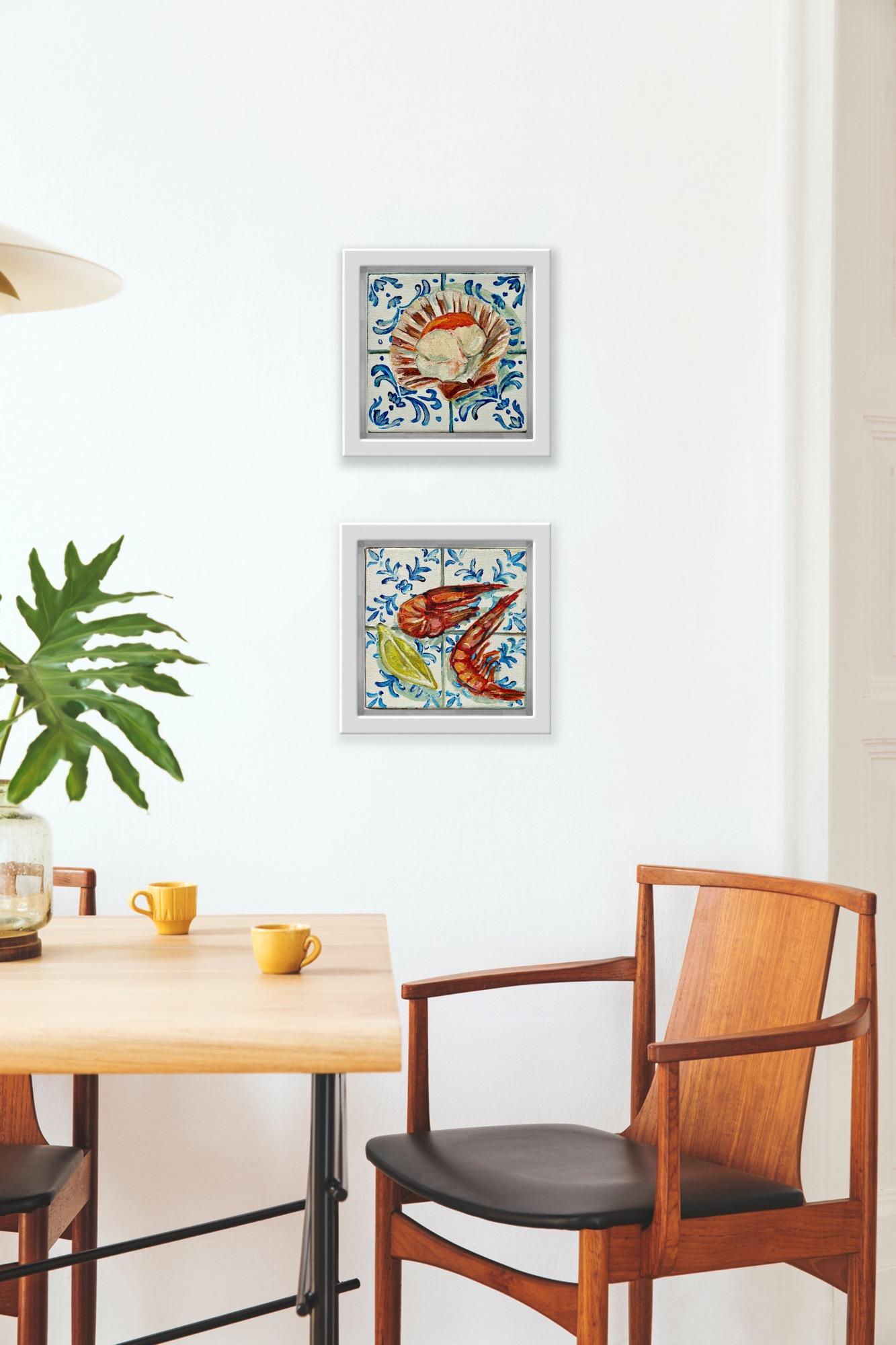 Two Prawns & Lemon Wedge and Scallop on Tiles diptych, Original painting, Sea - Gray Animal Painting by Pippa Smith